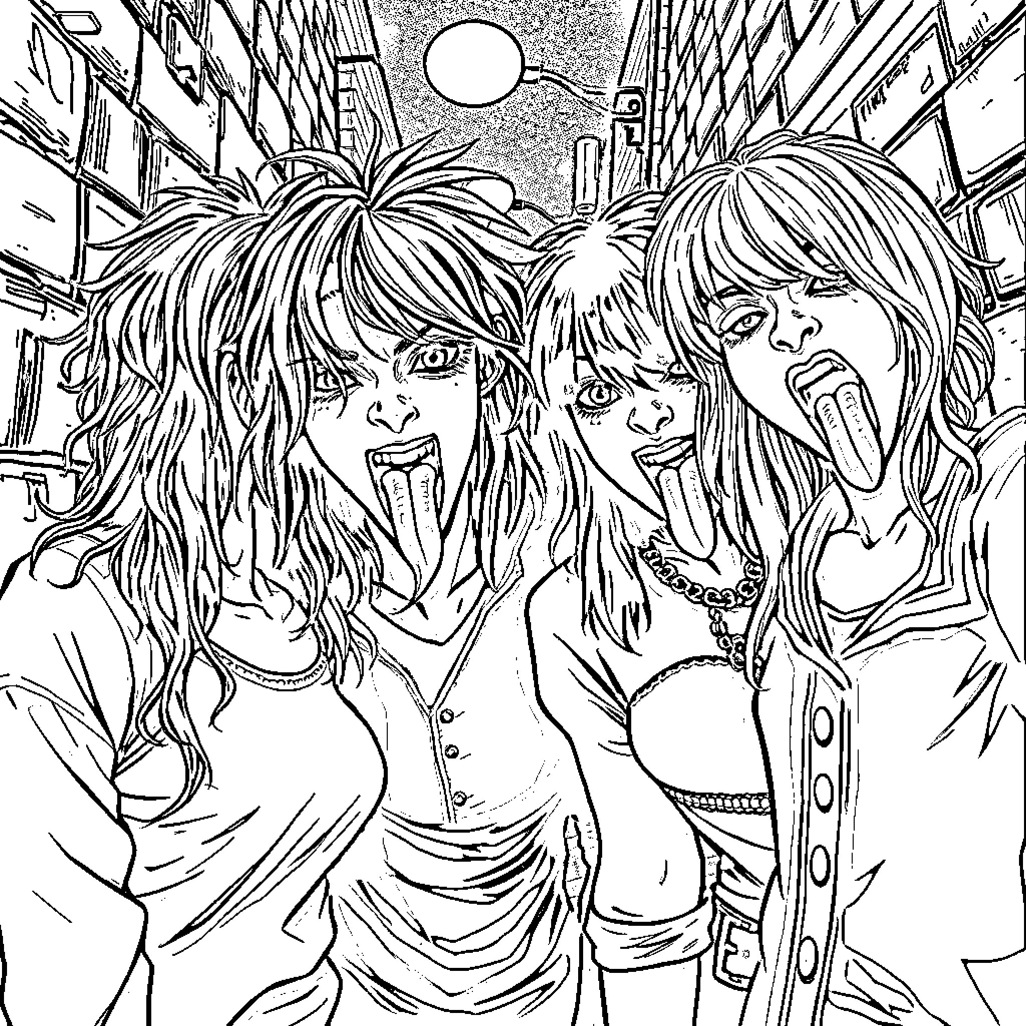 Teen punk band rocking out on the city streets Coloring Page (free black-and-white line drawing printable PDF for all, from beginners to advanced learners, including children, teens, adults, and seniors)