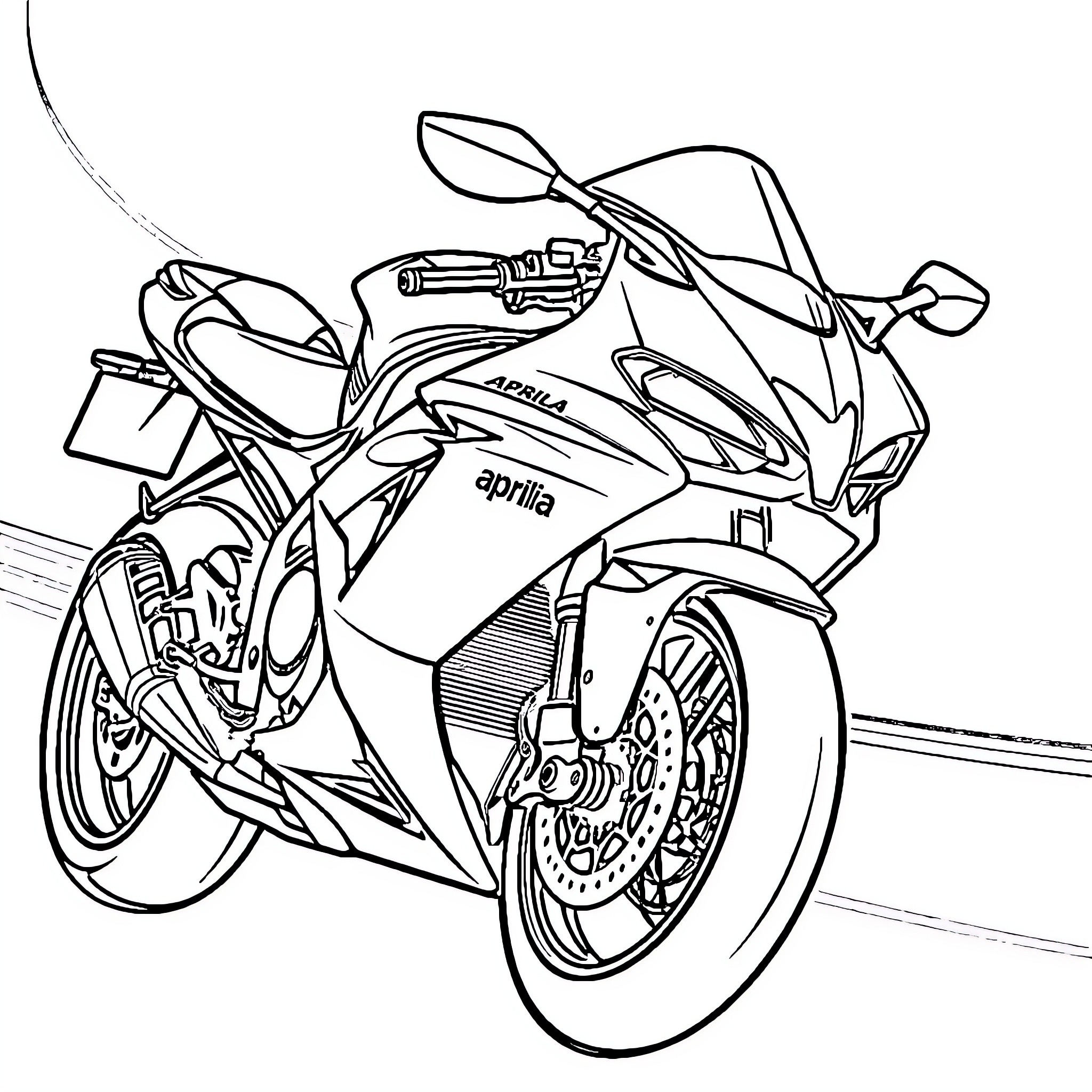 Aprilia RSV4 racing motorcycle in motion Coloring Page (free black-and-white line drawing printable PDF for all, from beginners to advanced learners, including children, teens, adults, and seniors)