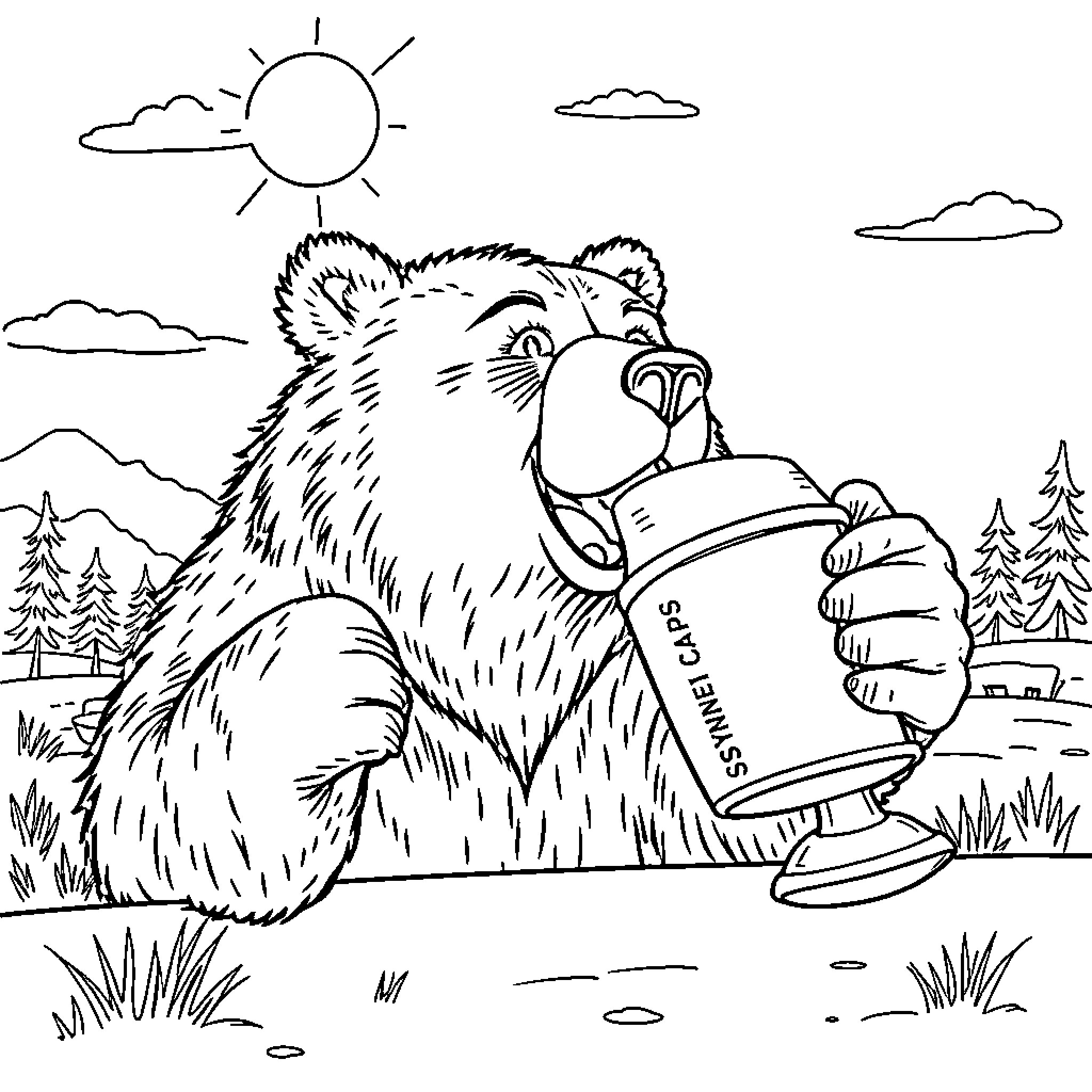 Bear enjoying a snack in nature Coloring Page (free black-and-white line drawing printable PDF for all, from beginners to advanced learners, including children, teens, adults, and seniors)