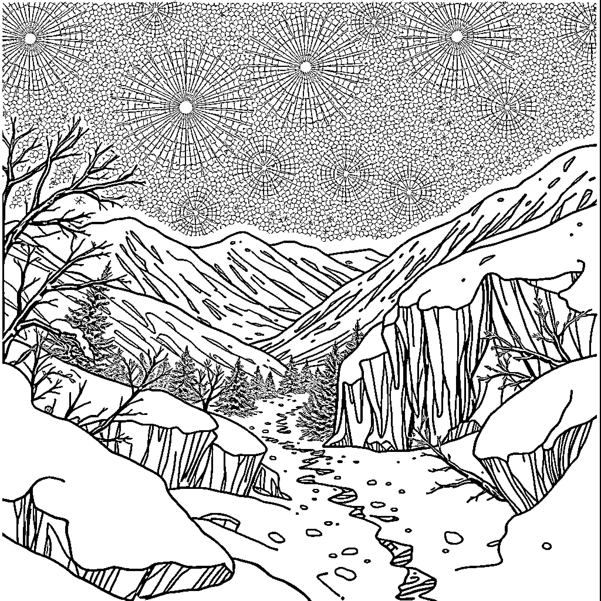 Frozen Winter Wonderland Landscape Coloring Page (free black-and-white line drawing printable PDF for all, from beginners to advanced learners, including children, teens, adults, and seniors)
