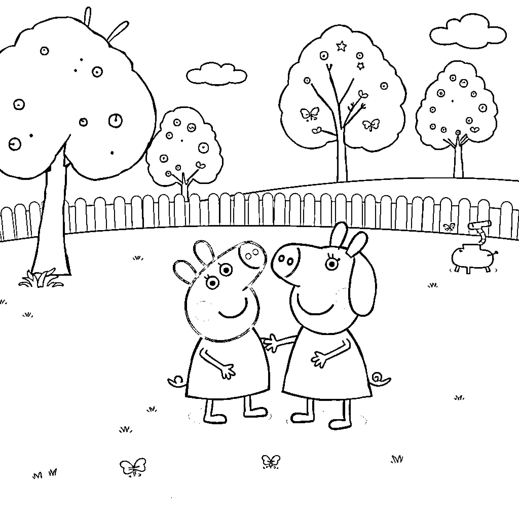 Peppa Pig and friends enjoying the outdoors Coloring Page (free black-and-white line drawing printable PDF for all, from beginners to advanced learners, including children, teens, adults, and seniors)