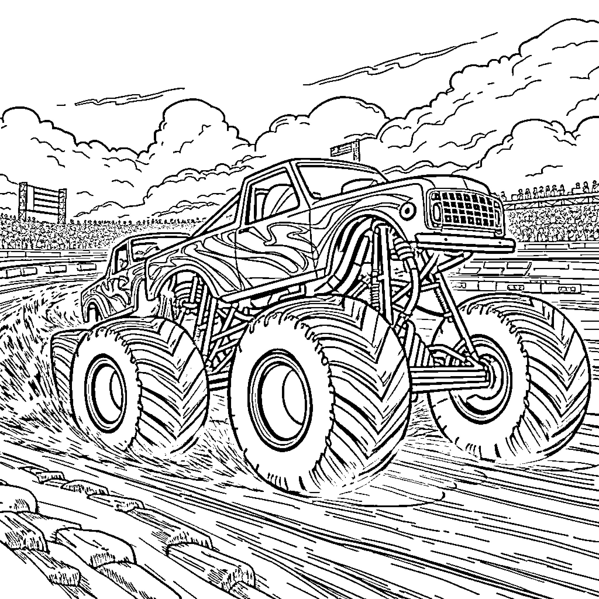 Monster Truck in an Outdoor Arena Show Coloring Page (free black-and-white line drawing printable PDF for all, from beginners to advanced learners, including children, teens, adults, and seniors)