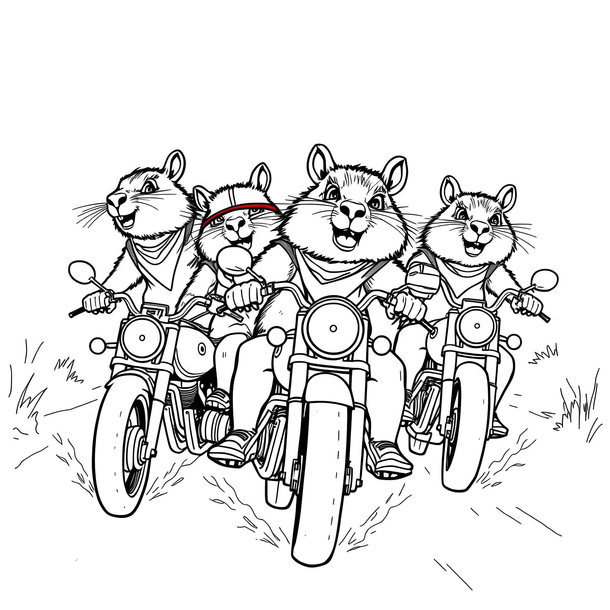 Capybara biker gang riding motorcycles Coloring Page (free black-and-white line drawing printable PDF for all, from beginners to advanced learners, including children, teens, adults, and seniors)