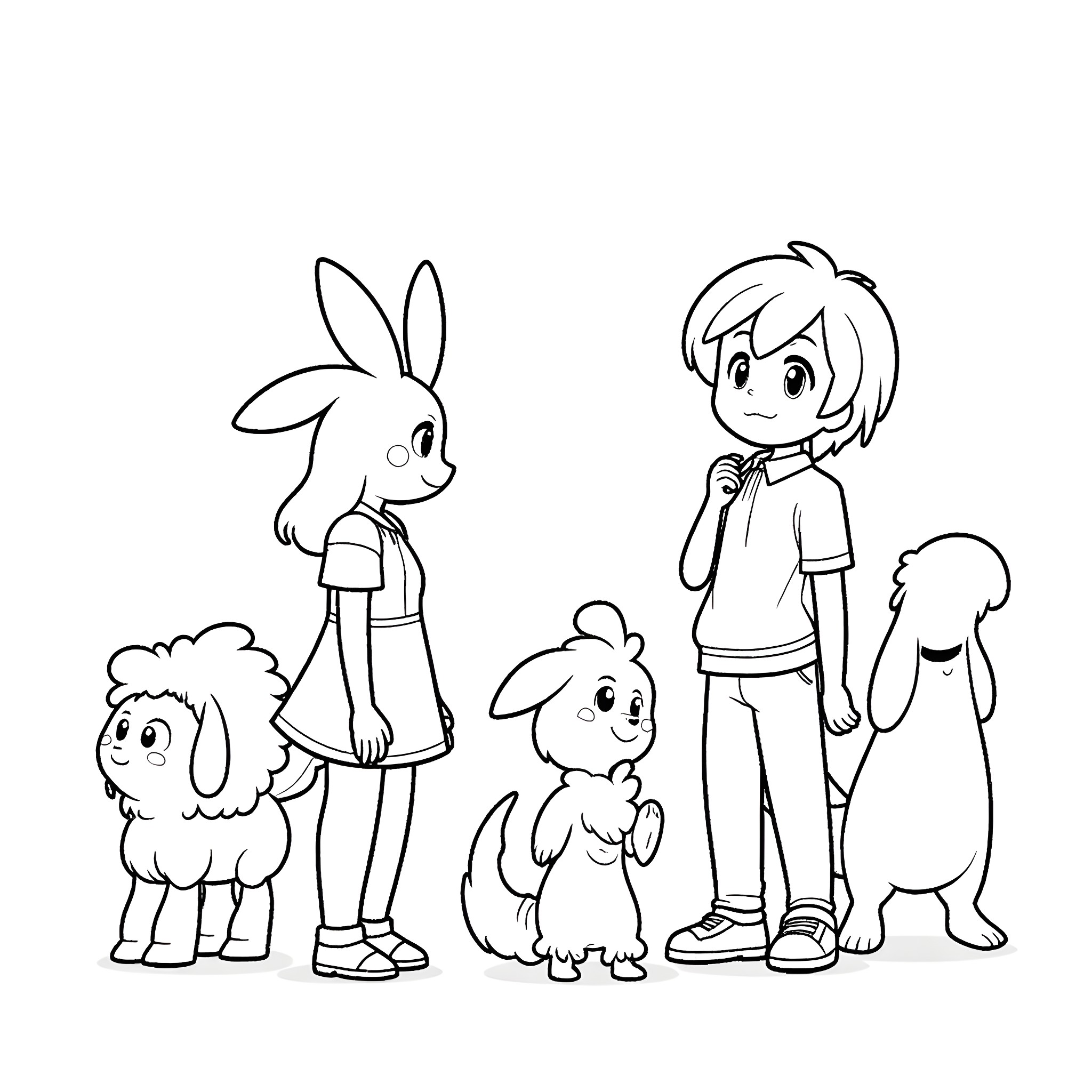 Ash Ketchum surrounded by cute cartoon animals Coloring Page (free black-and-white line drawing printable PDF for all, from beginners to advanced learners, including children, teens, adults, and seniors)