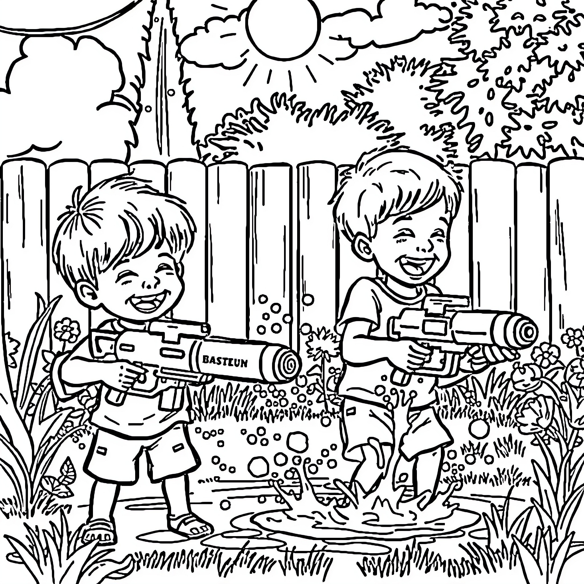 Kids enjoying water guns on a sunny day Coloring Page (free black-and-white line drawing printable PDF for all, from beginners to advanced learners, including children, teens, adults, and seniors)