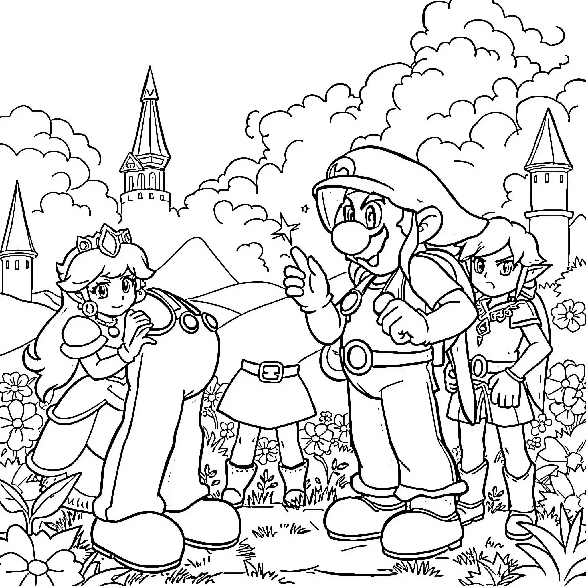Mario and friends explore a magical kingdom Coloring Page (free black-and-white line drawing printable PDF for all, from beginners to advanced learners, including children, teens, adults, and seniors)