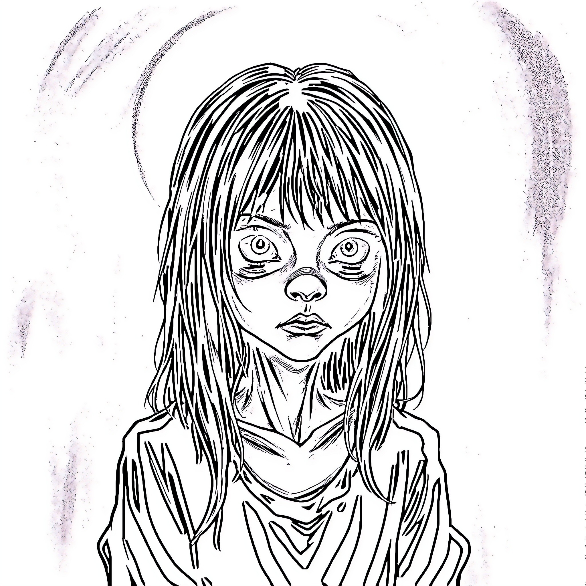 Girl with Intense Gaze and Disheveled Appearance Coloring Page (free black-and-white line drawing printable PDF for all, from beginners to advanced learners, including children, teens, adults, and seniors)