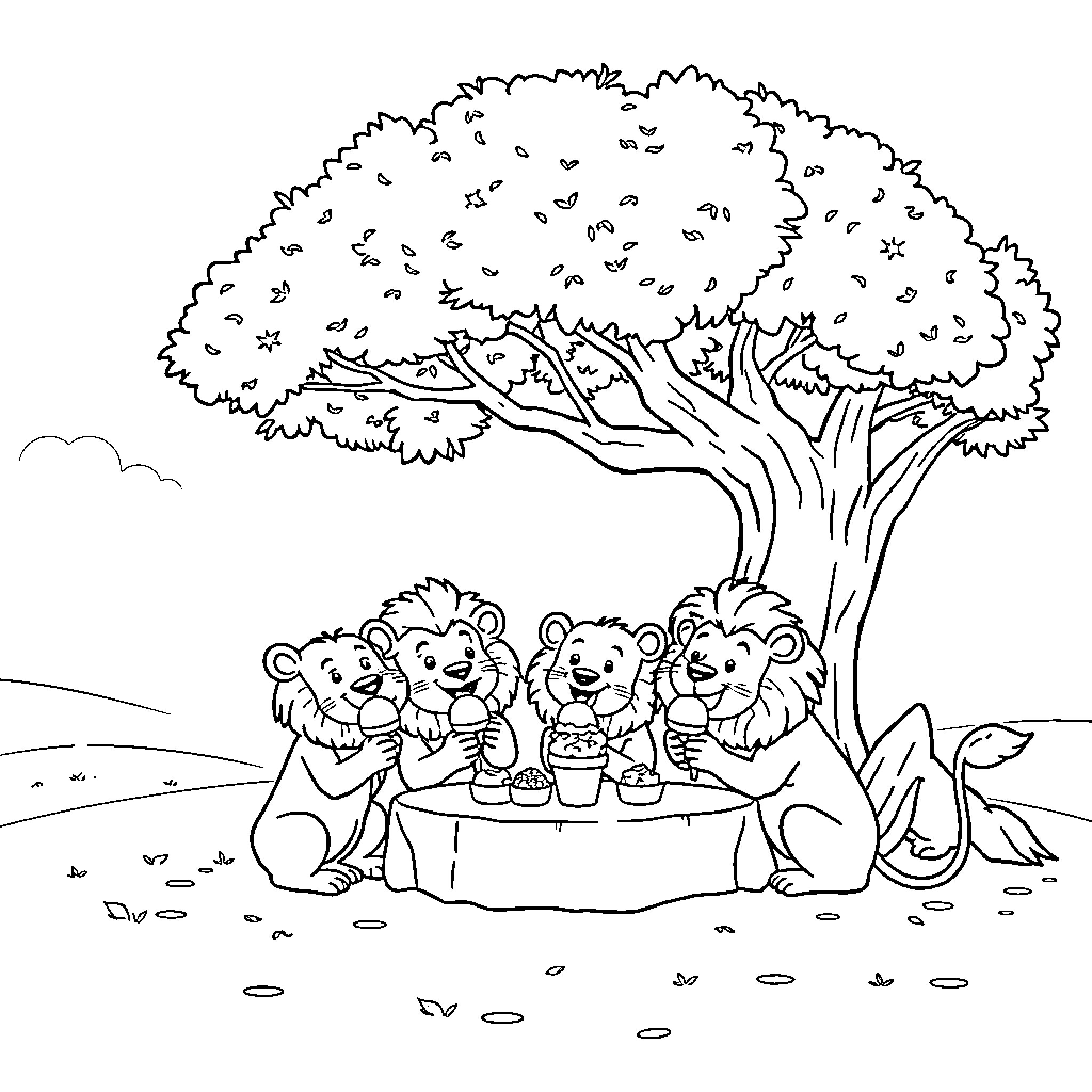 Lion cubs enjoying a picnic under a shady tree Coloring Page (free black-and-white line drawing printable PDF for all, from beginners to advanced learners, including children, teens, adults, and seniors)