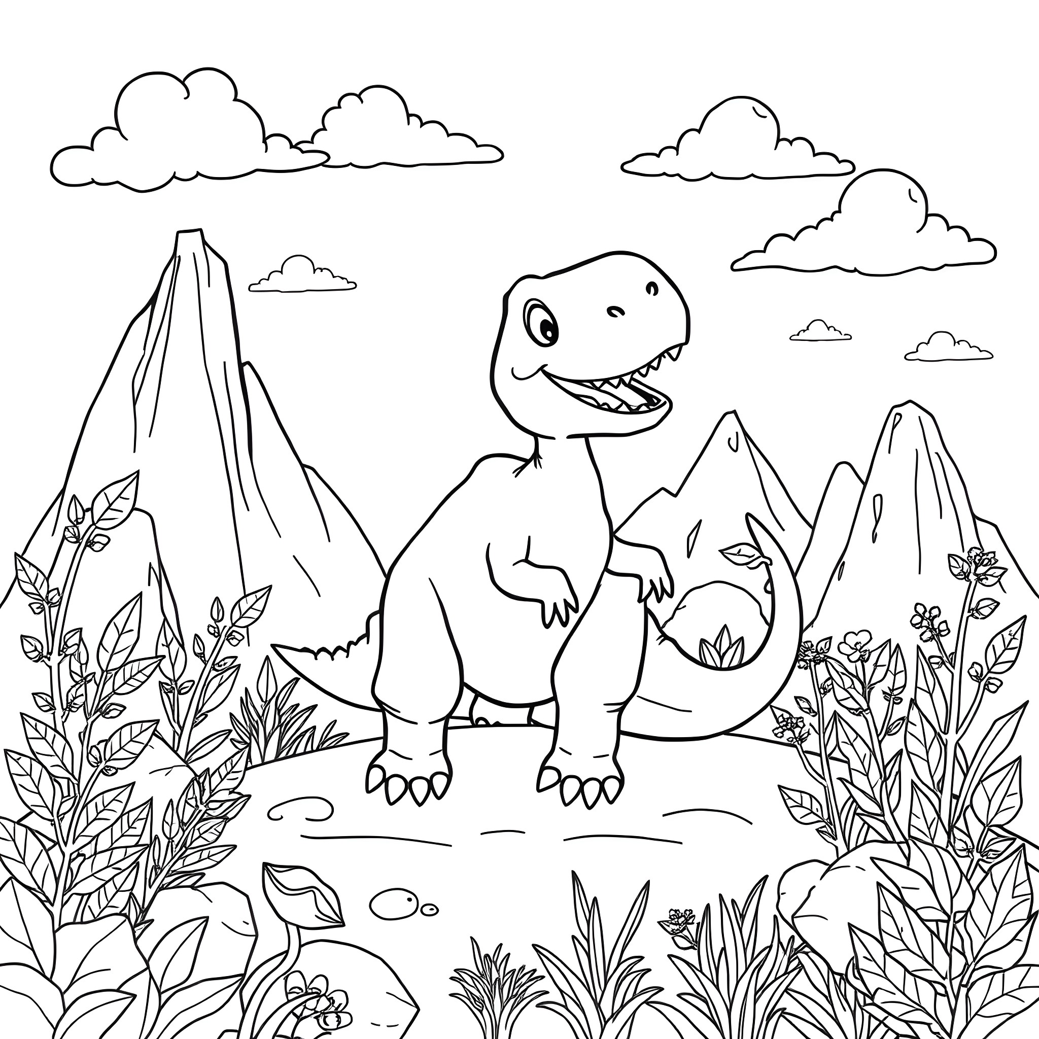 Dinosaur exploring lush prehistoric landscape Coloring Page (free black-and-white line drawing printable PDF for all, from beginners to advanced learners, including children, teens, adults, and seniors)
