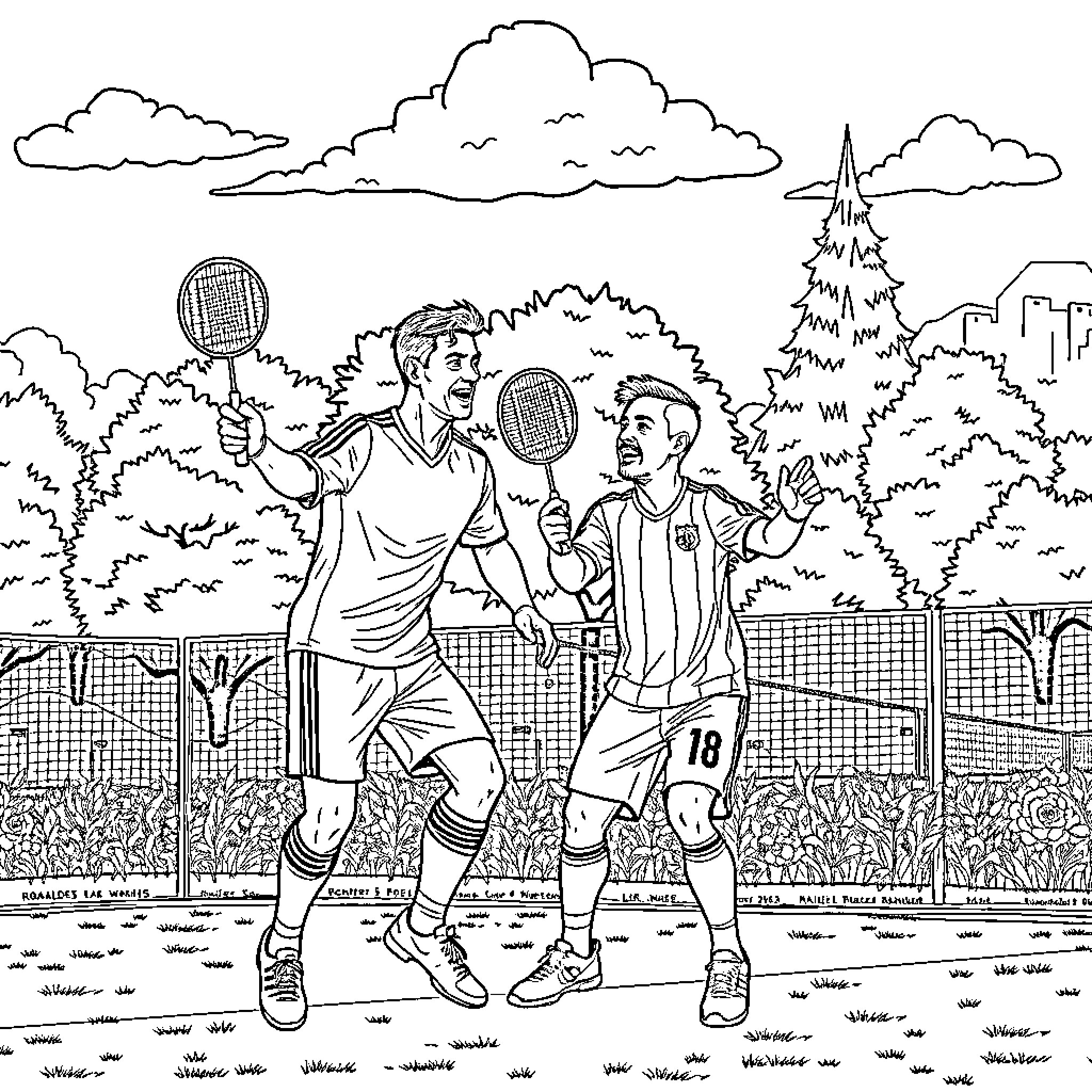 Ronaldo's Competitive Tennis Match on the Court Coloring Page (free black-and-white line drawing printable PDF for all, from beginners to advanced learners, including children, teens, adults, and seniors)