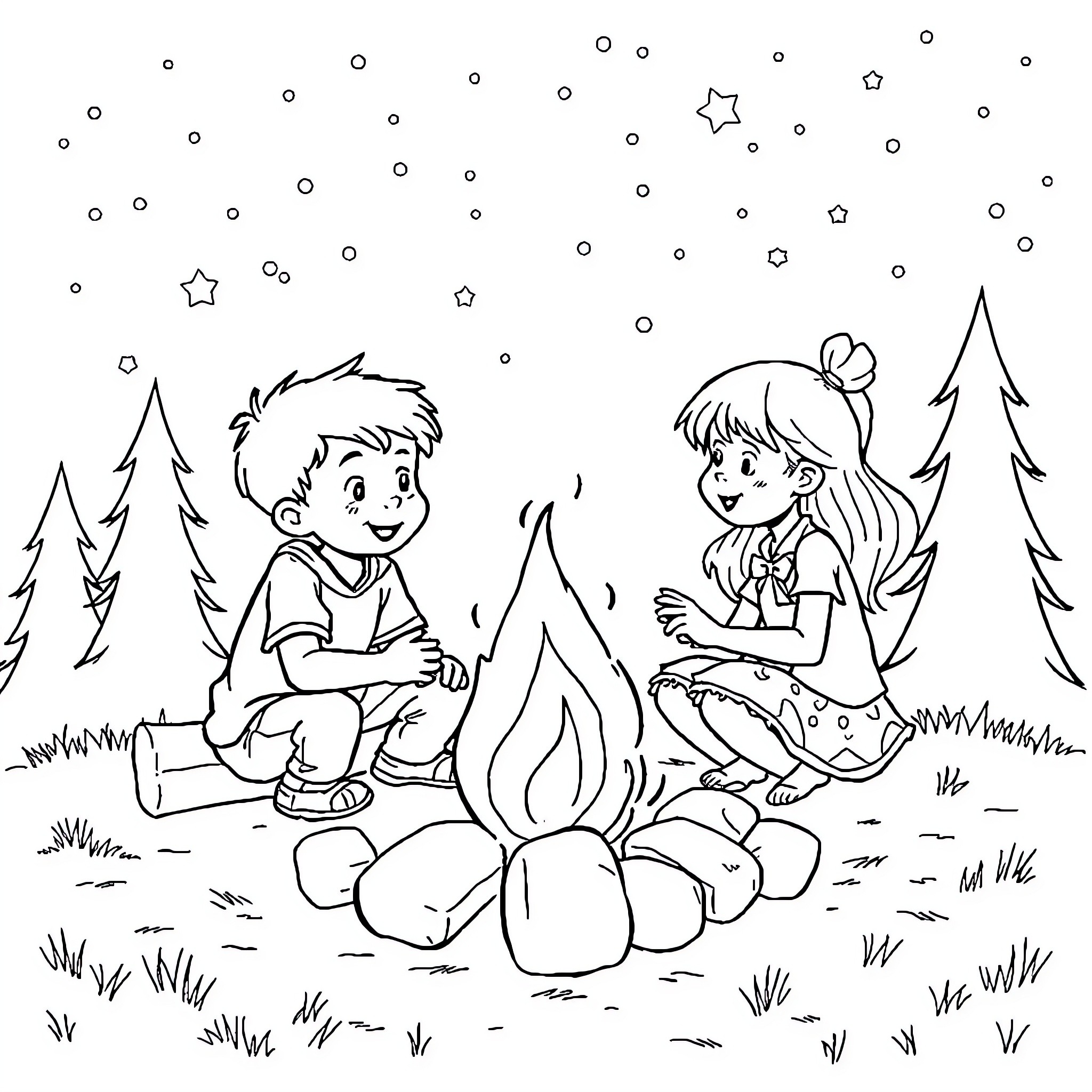 Camping friends enjoying the outdoors Coloring Page (free black-and-white line drawing printable PDF for all, from beginners to advanced learners, including children, teens, adults, and seniors)
