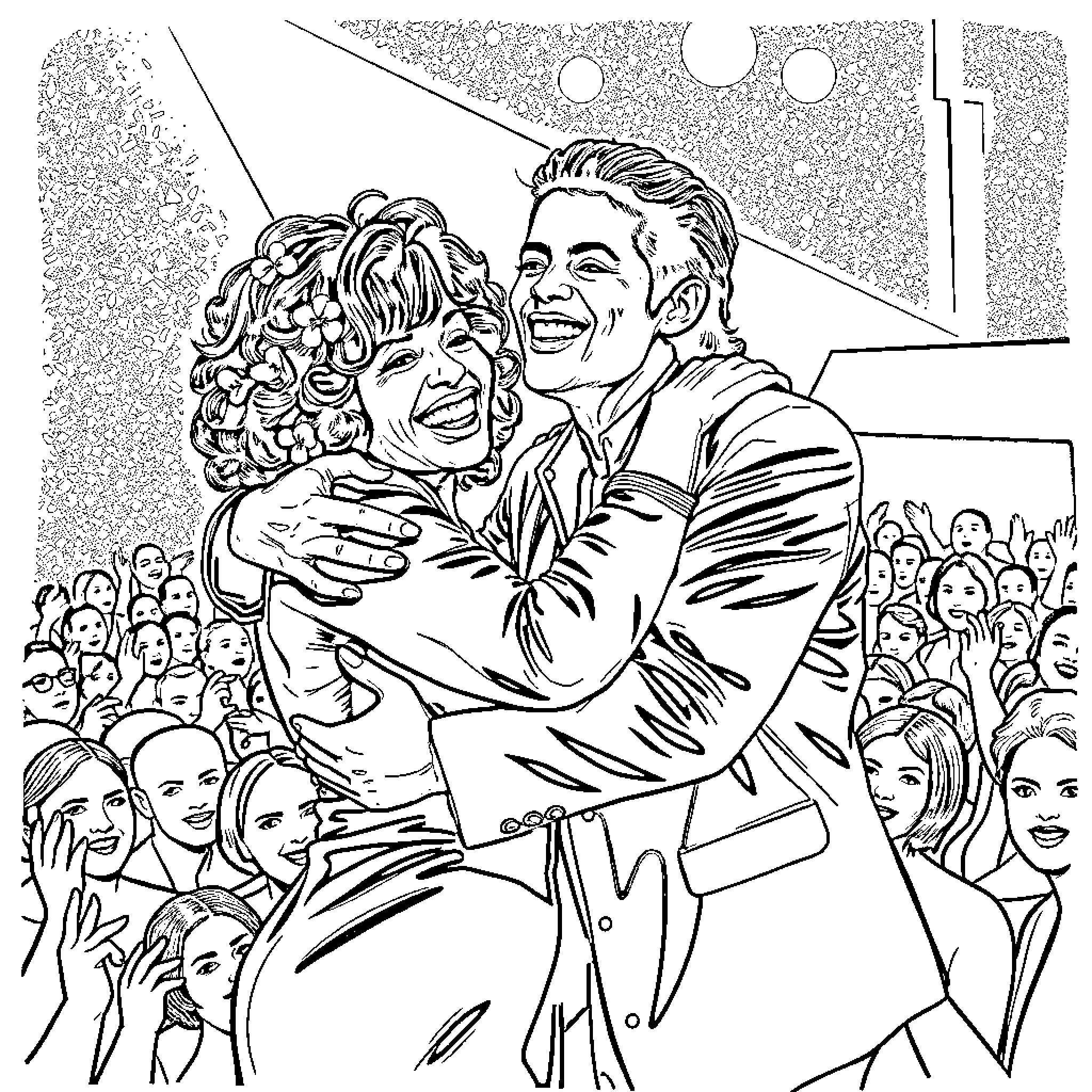 Whitney Houston's Joyful Performance with Adoring Crowd Coloring Page (free black-and-white line drawing printable PDF for all, from beginners to advanced learners, including children, teens, adults, and seniors)