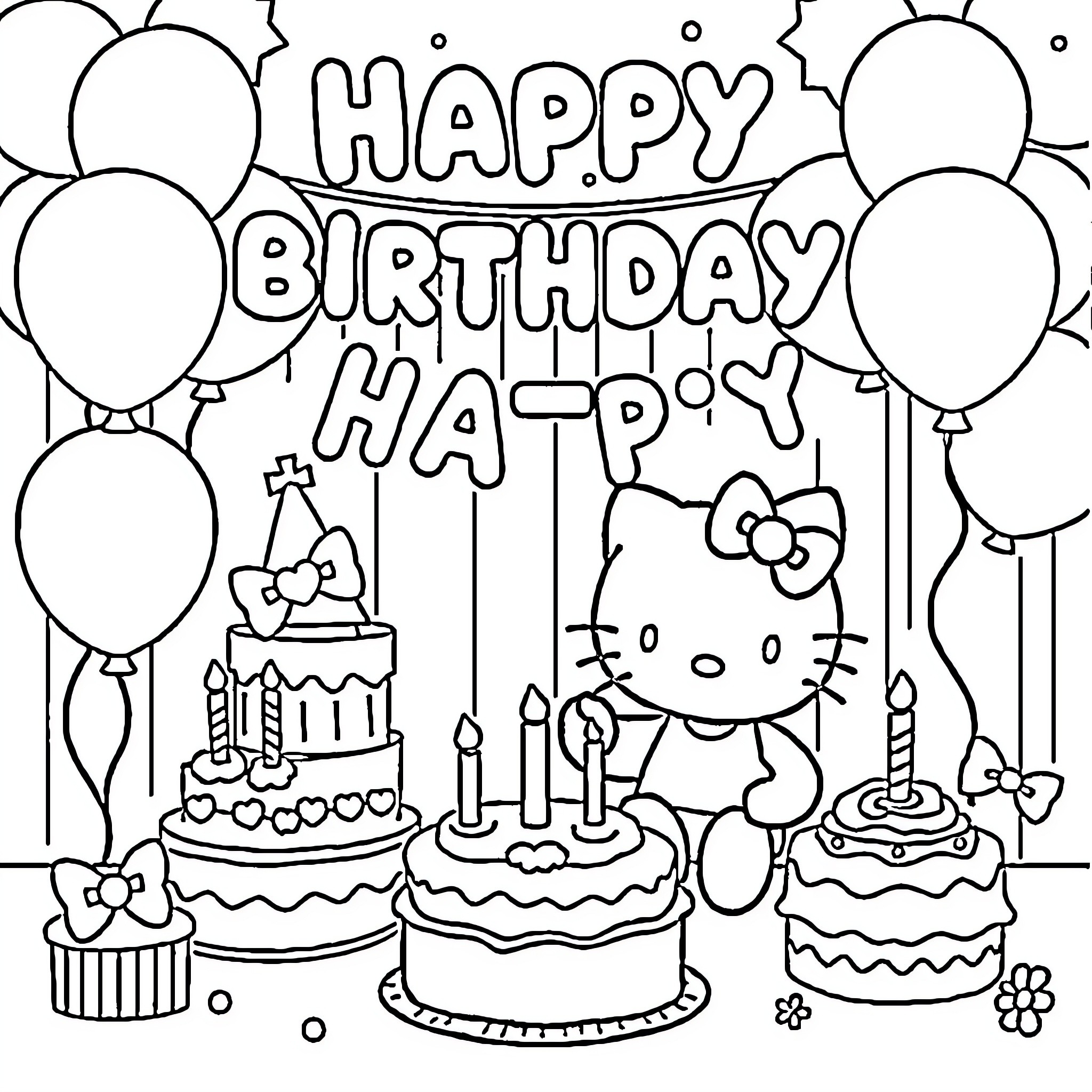 Hello Kitty's Happy Birthday Celebration Coloring Page (free black-and-white line drawing printable PDF for all, from beginners to advanced learners, including children, teens, adults, and seniors)