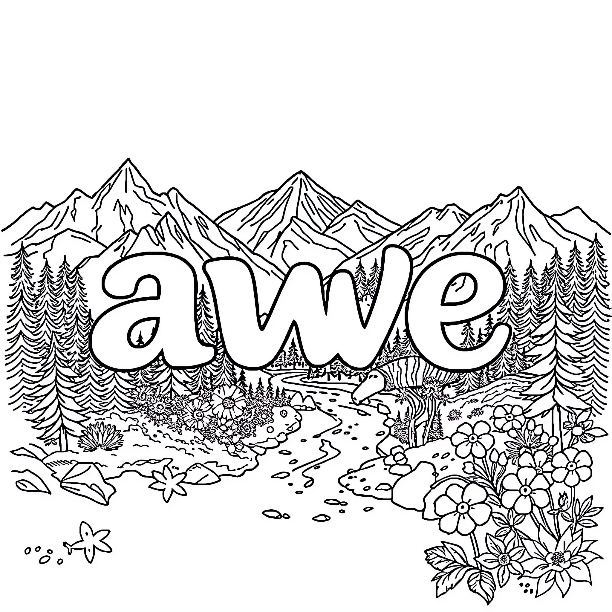 Awe-inspiring Mountain Landscape with Winding Trail Coloring Page (free black-and-white line drawing printable PDF for all, from beginners to advanced learners, including children, teens, adults, and seniors)