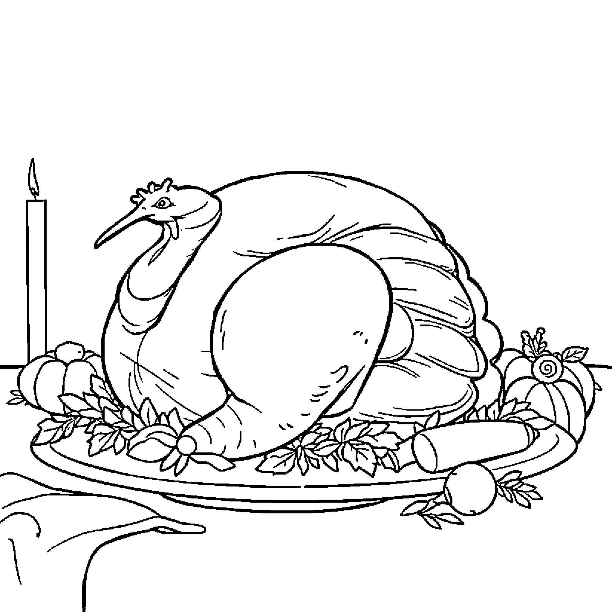 Turkey in festive Thanksgiving scene Coloring Page (free black-and-white line drawing printable PDF for all, from beginners to advanced learners, including children, teens, adults, and seniors)