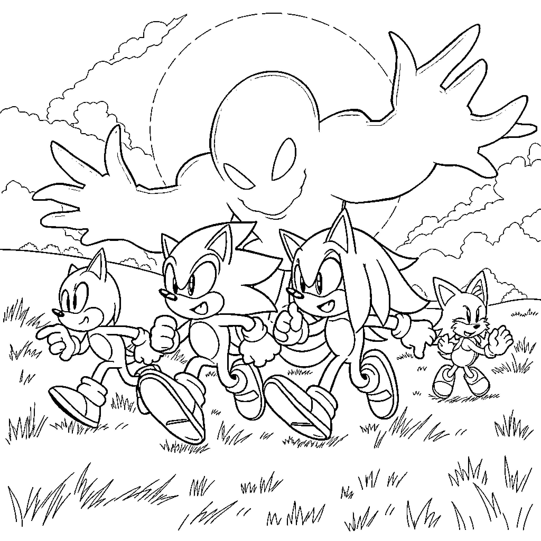 Sonic characters running and exploring in a scenic outdoor setting Coloring Page (free black-and-white line drawing printable PDF for all, from beginners to advanced learners, including children, teens, adults, and seniors)