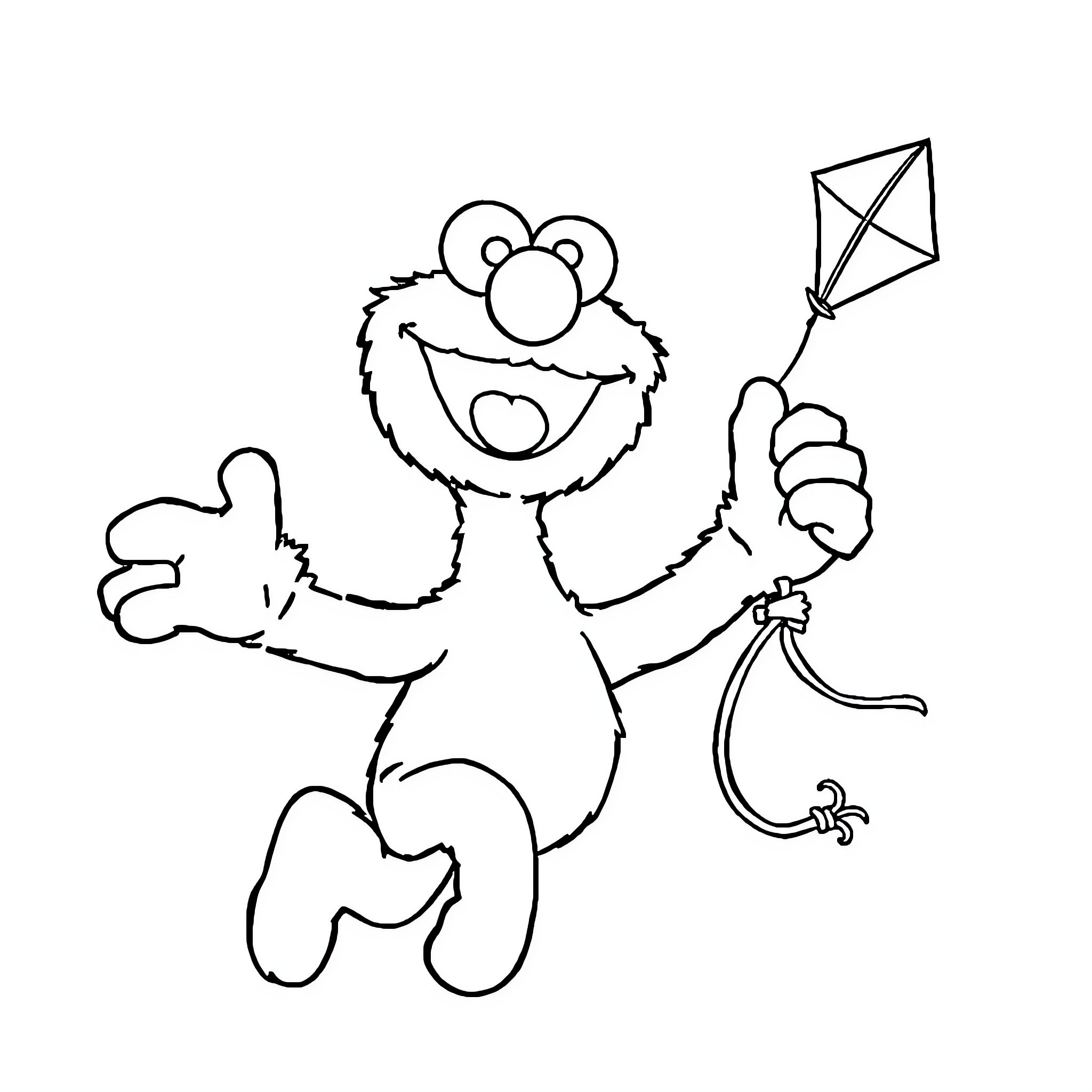 Elmo playing happily with a kite Coloring Page (free black-and-white line drawing printable PDF for all, from beginners to advanced learners, including children, teens, adults, and seniors)