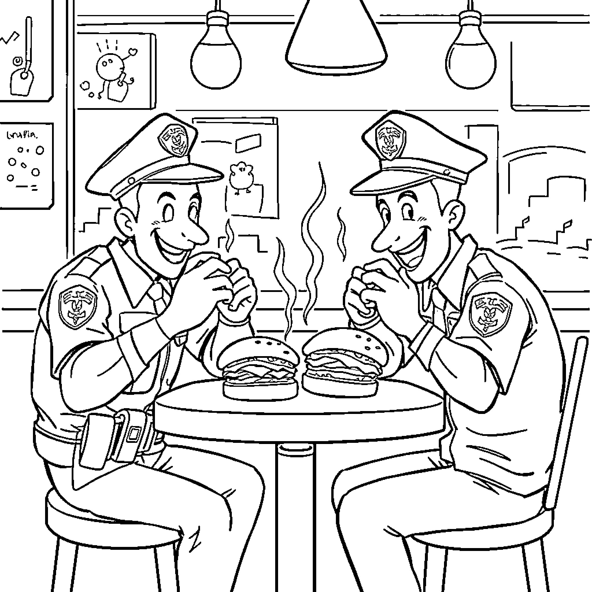 Police Officers Sharing a Meal in Station Coloring Page (free black-and-white line drawing printable PDF for all, from beginners to advanced learners, including children, teens, adults, and seniors)