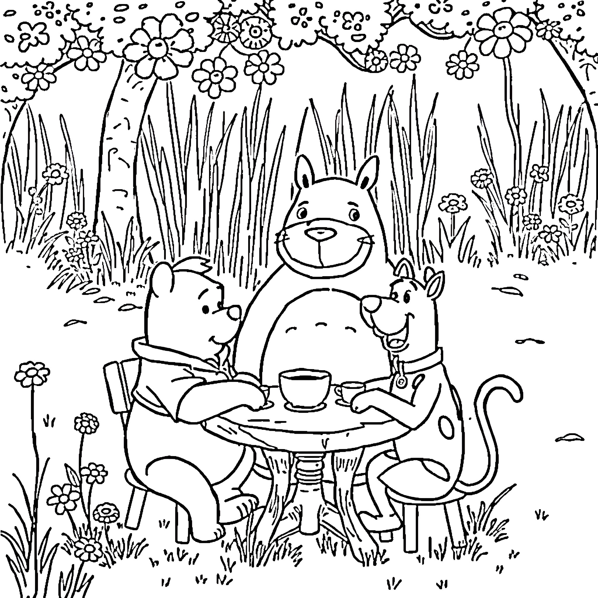 Pooh and friends enjoy a picnic in the flower garden Coloring Page (free black-and-white line drawing printable PDF for all, from beginners to advanced learners, including children, teens, adults, and seniors)