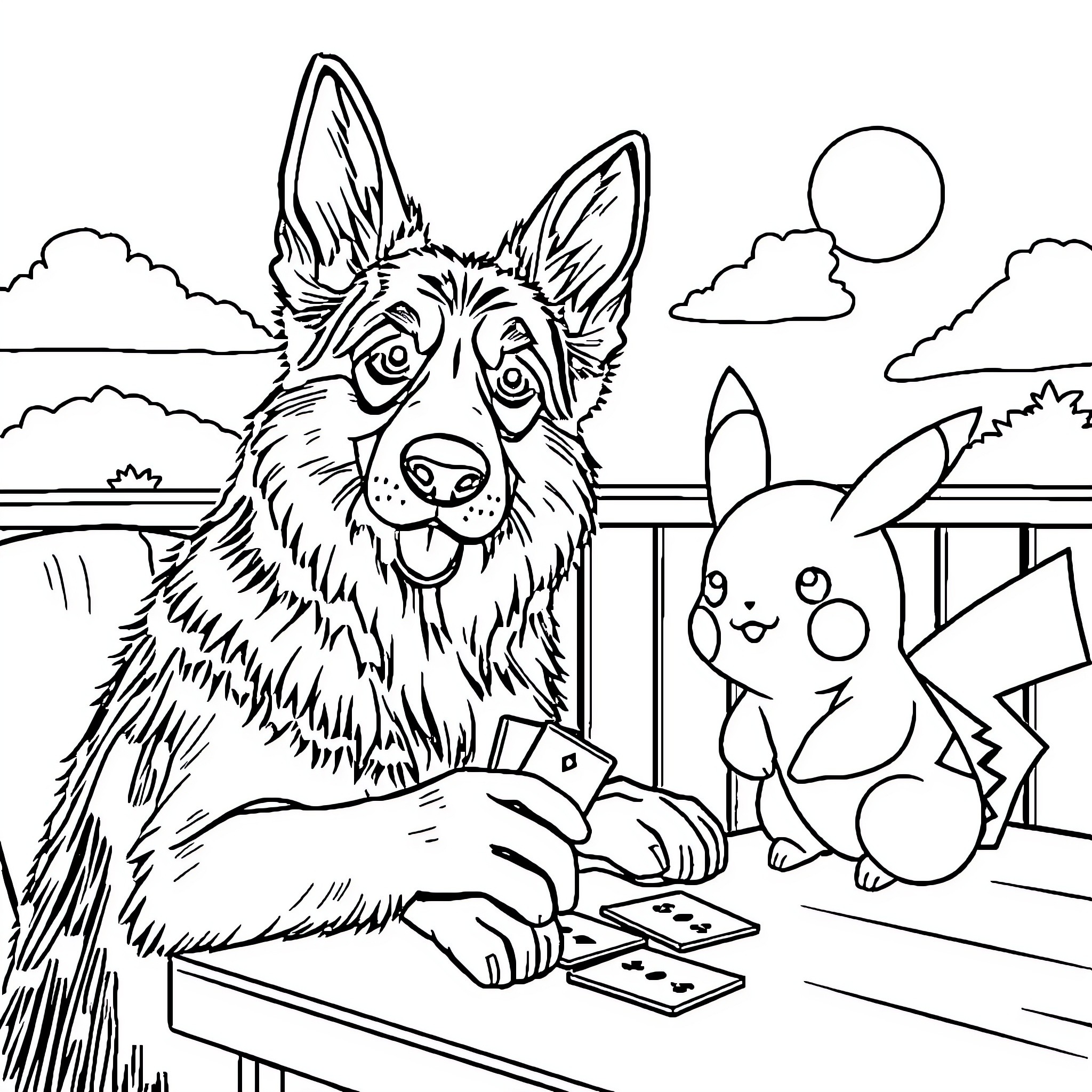 Dog Playing Cards with Cute Companion Coloring Page (free black-and-white line drawing printable PDF for all, from beginners to advanced learners, including children, teens, adults, and seniors)