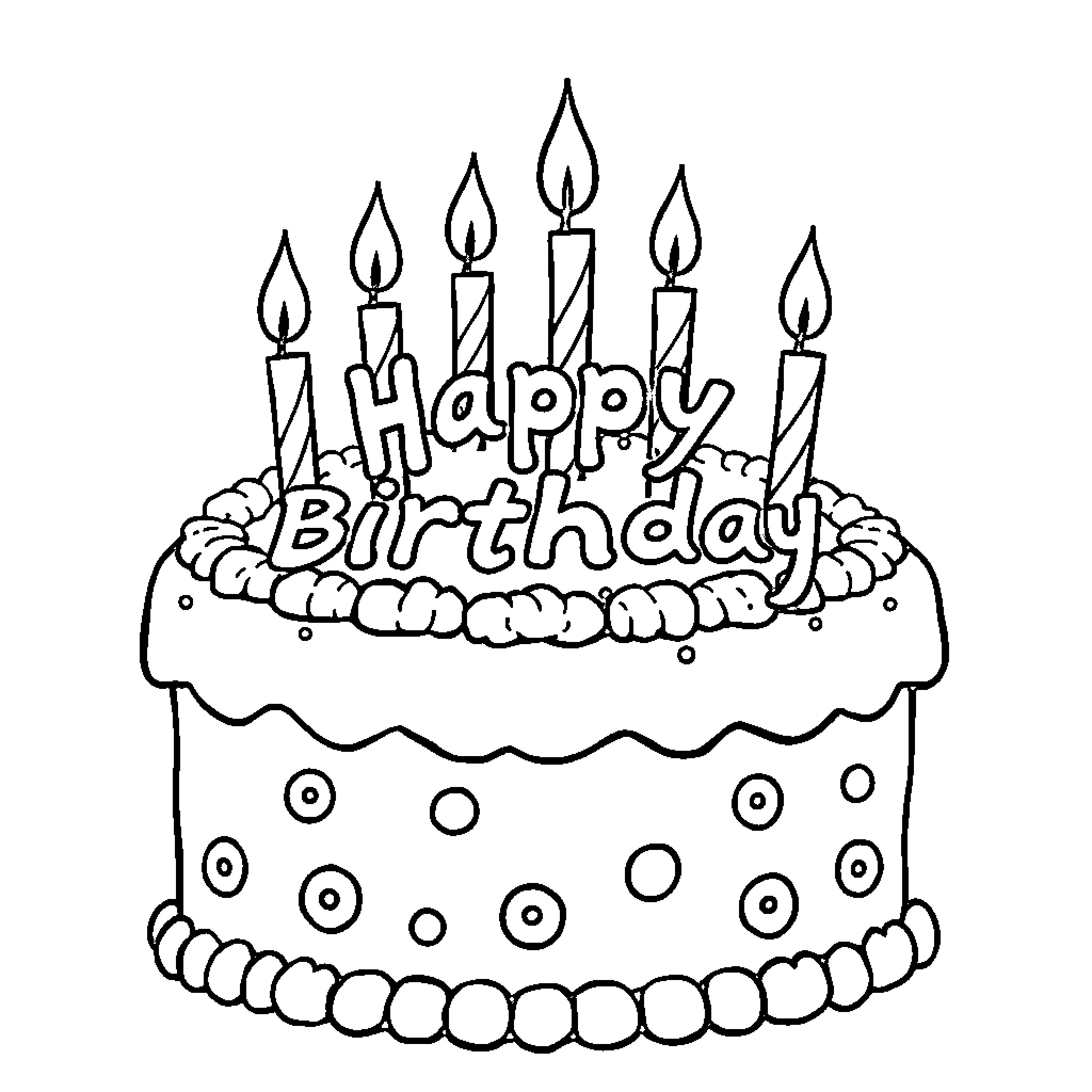 Cake with Lit Birthday Candles Coloring Page (free black-and-white line drawing printable PDF for all, from beginners to advanced learners, including children, teens, adults, and seniors)