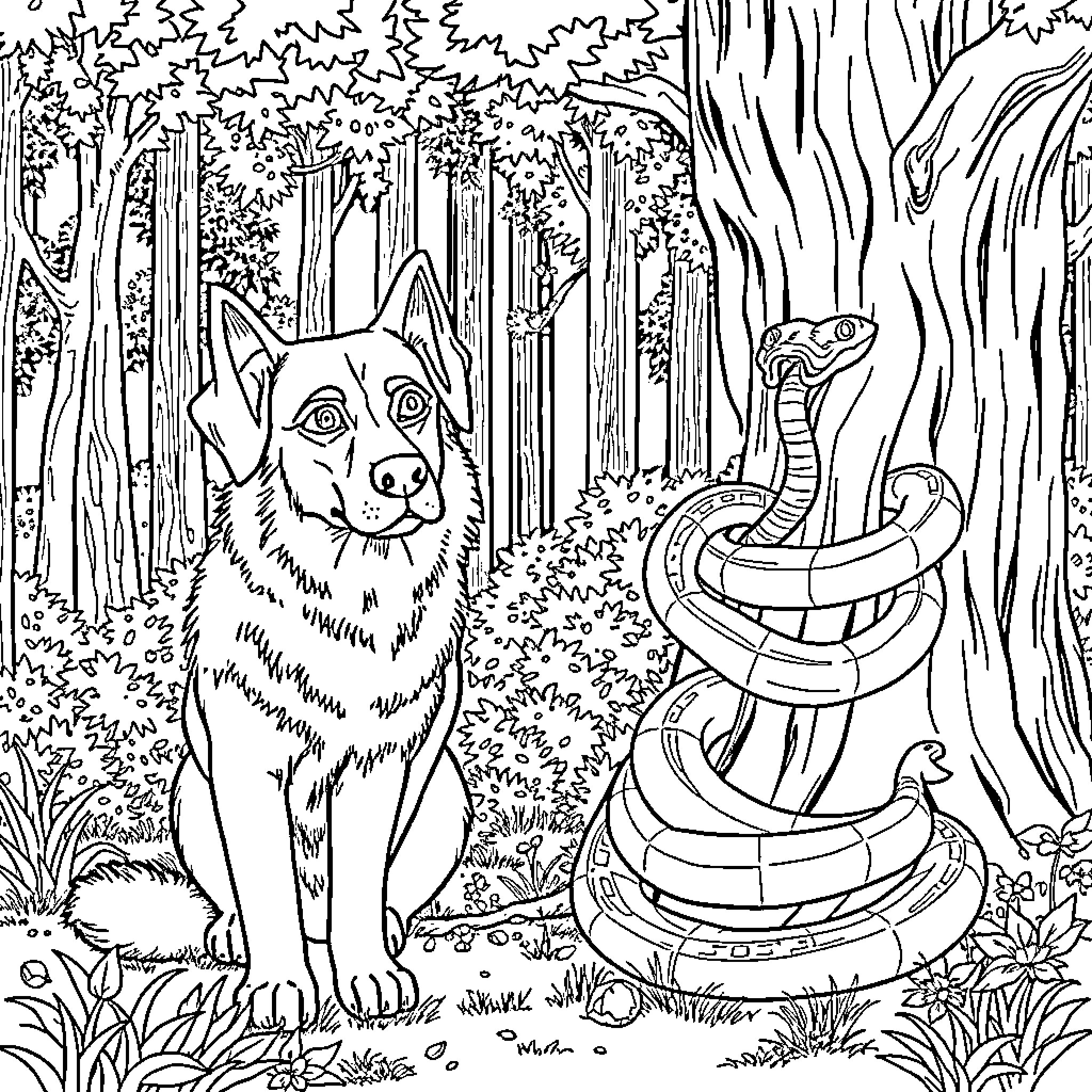 Dog observes curious snake in the forest Coloring Page (free black-and-white line drawing printable PDF for all, from beginners to advanced learners, including children, teens, adults, and seniors)
