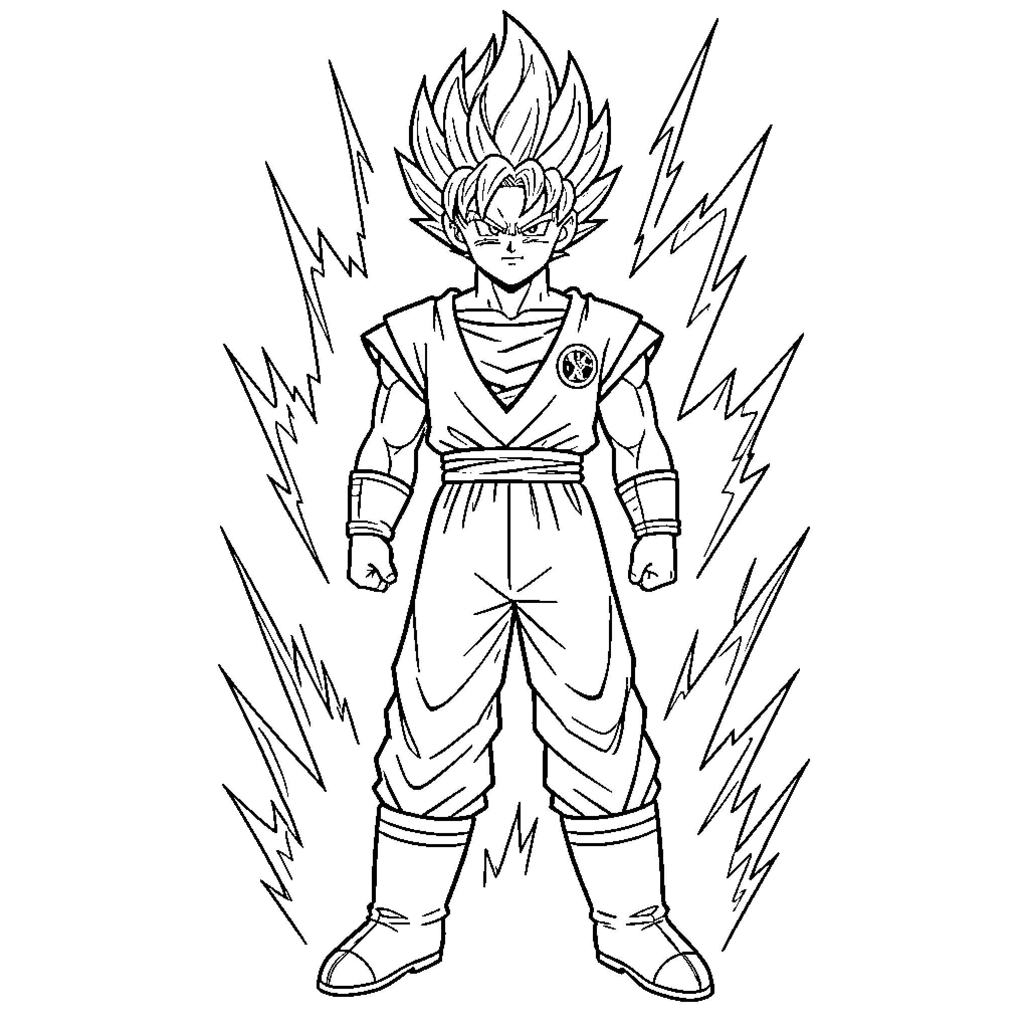 Gohan standing powerful with intense energy aura Coloring Page (free black-and-white line drawing printable PDF for all, from beginners to advanced learners, including children, teens, adults, and seniors)