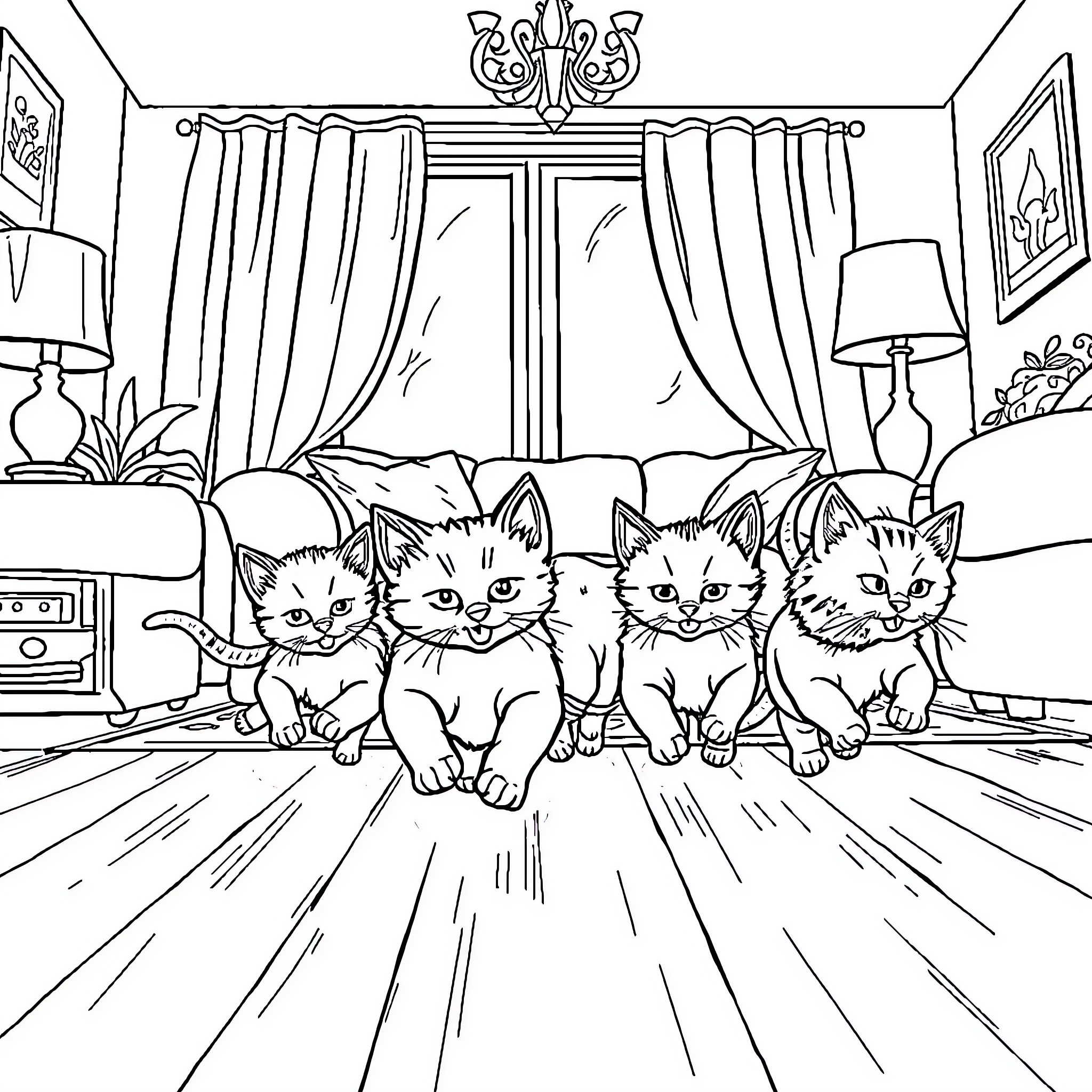 Kittens playing in a cozy living room Coloring Page (free black-and-white line drawing printable PDF for all, from beginners to advanced learners, including children, teens, adults, and seniors)