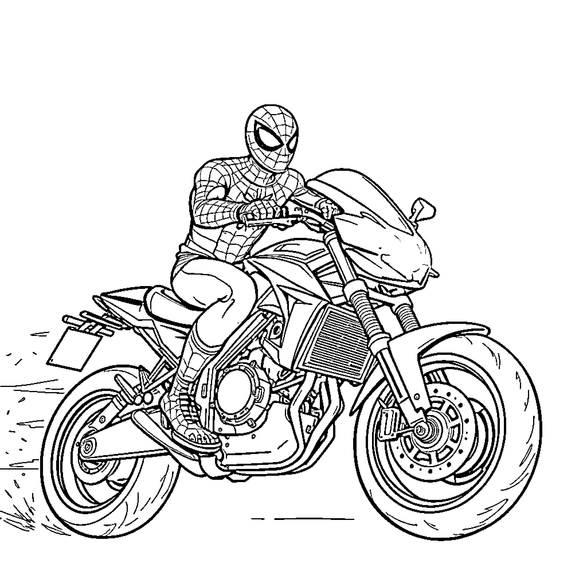 Spiderman riding a high-speed motorcycle Coloring Page (free black-and-white line drawing printable PDF for all, from beginners to advanced learners, including children, teens, adults, and seniors)
