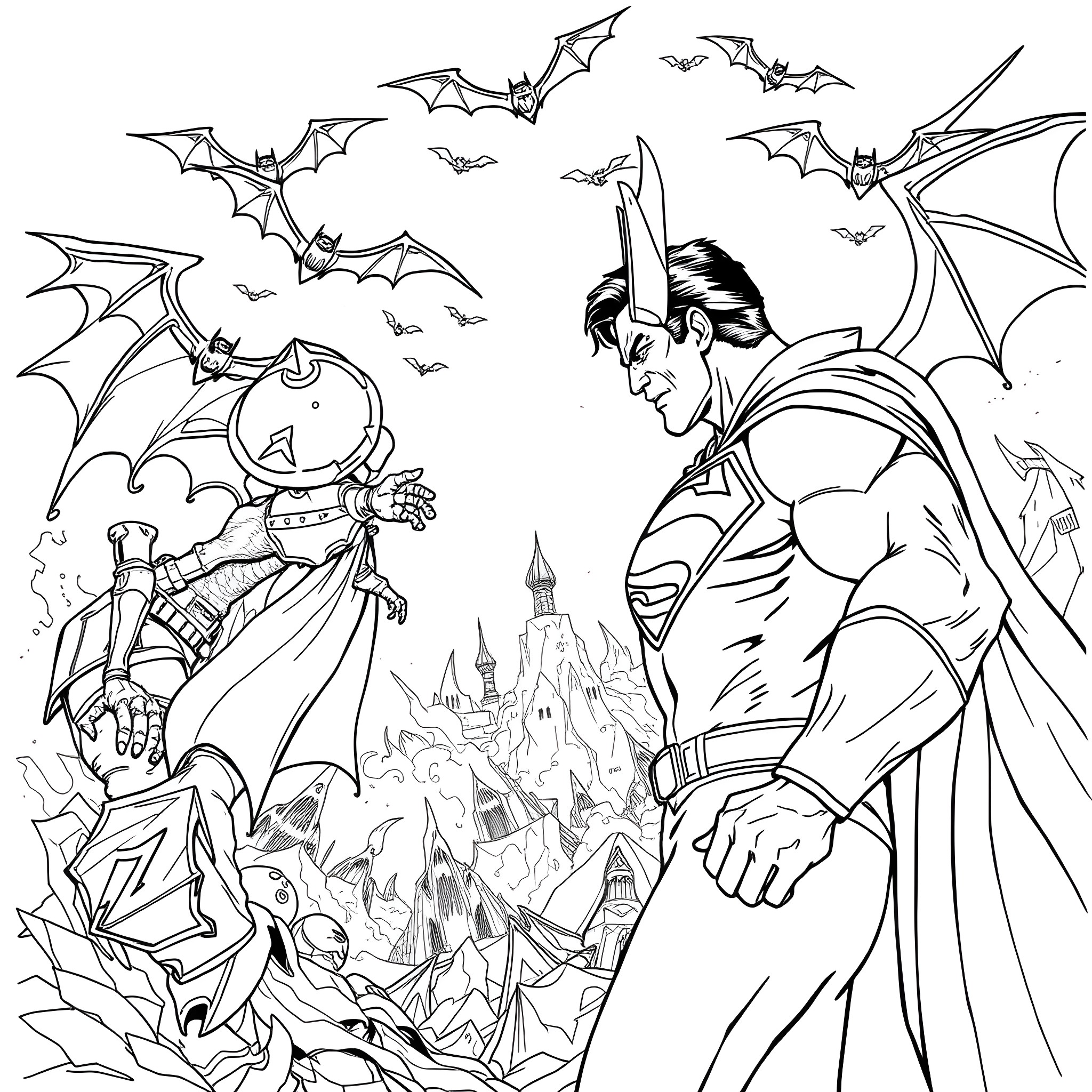 Superman battling evil villains in a dark, gothic setting Coloring Page (free black-and-white line drawing printable PDF for all, from beginners to advanced learners, including children, teens, adults, and seniors)