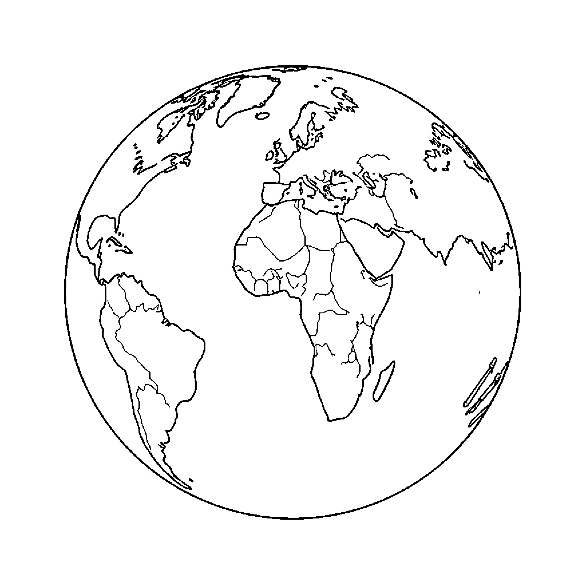 Globe showing outline of continents and countries Coloring Page (free black-and-white line drawing printable PDF for all, from beginners to advanced learners, including children, teens, adults, and seniors)