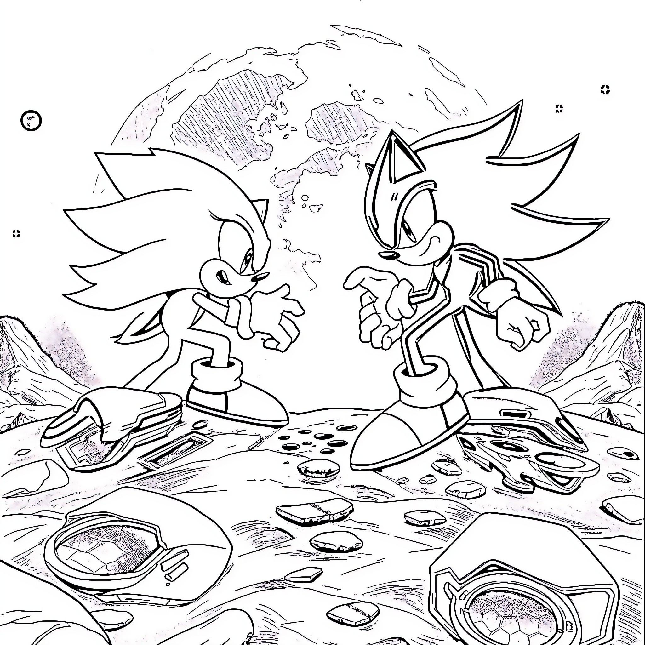Sonic characters exploring adventurous world scene Coloring Page (free black-and-white line drawing printable PDF for all, from beginners to advanced learners, including children, teens, adults, and seniors)