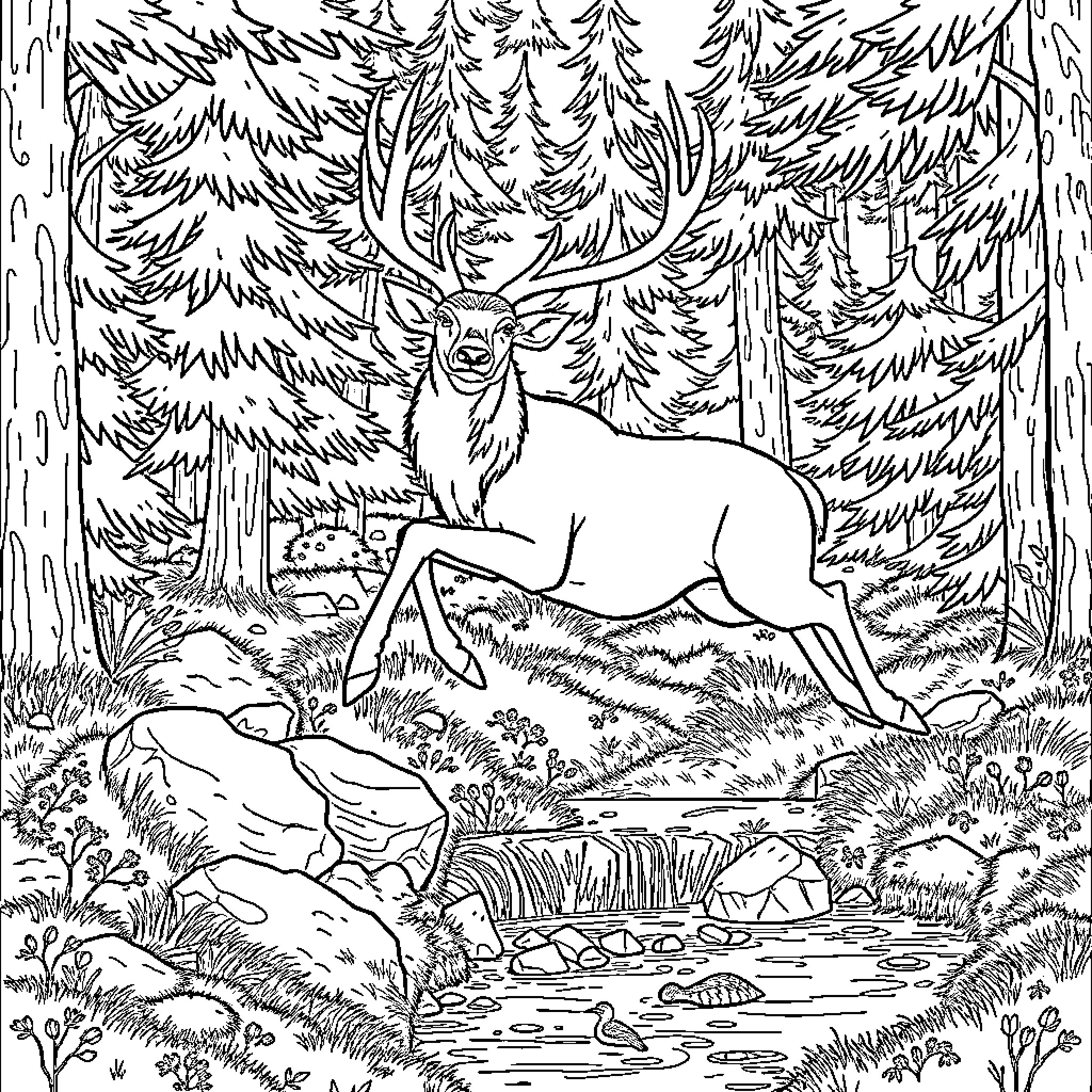 Stag resting peacefully in the forest Coloring Page (free black-and-white line drawing printable PDF for all, from beginners to advanced learners, including children, teens, adults, and seniors)