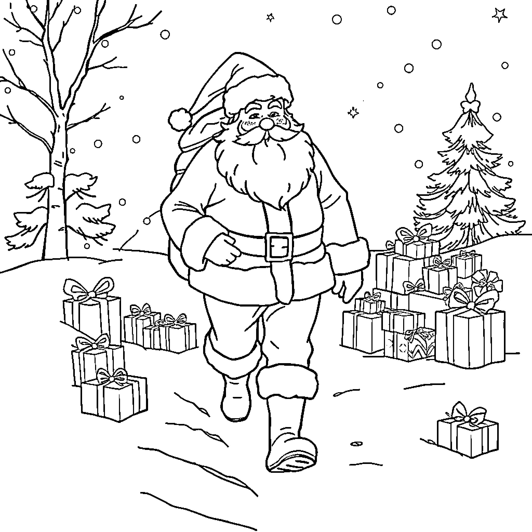 Santa Claus Delivering Gifts in Winter Wonderland Coloring Page (free black-and-white line drawing printable PDF for all, from beginners to advanced learners, including children, teens, adults, and seniors)