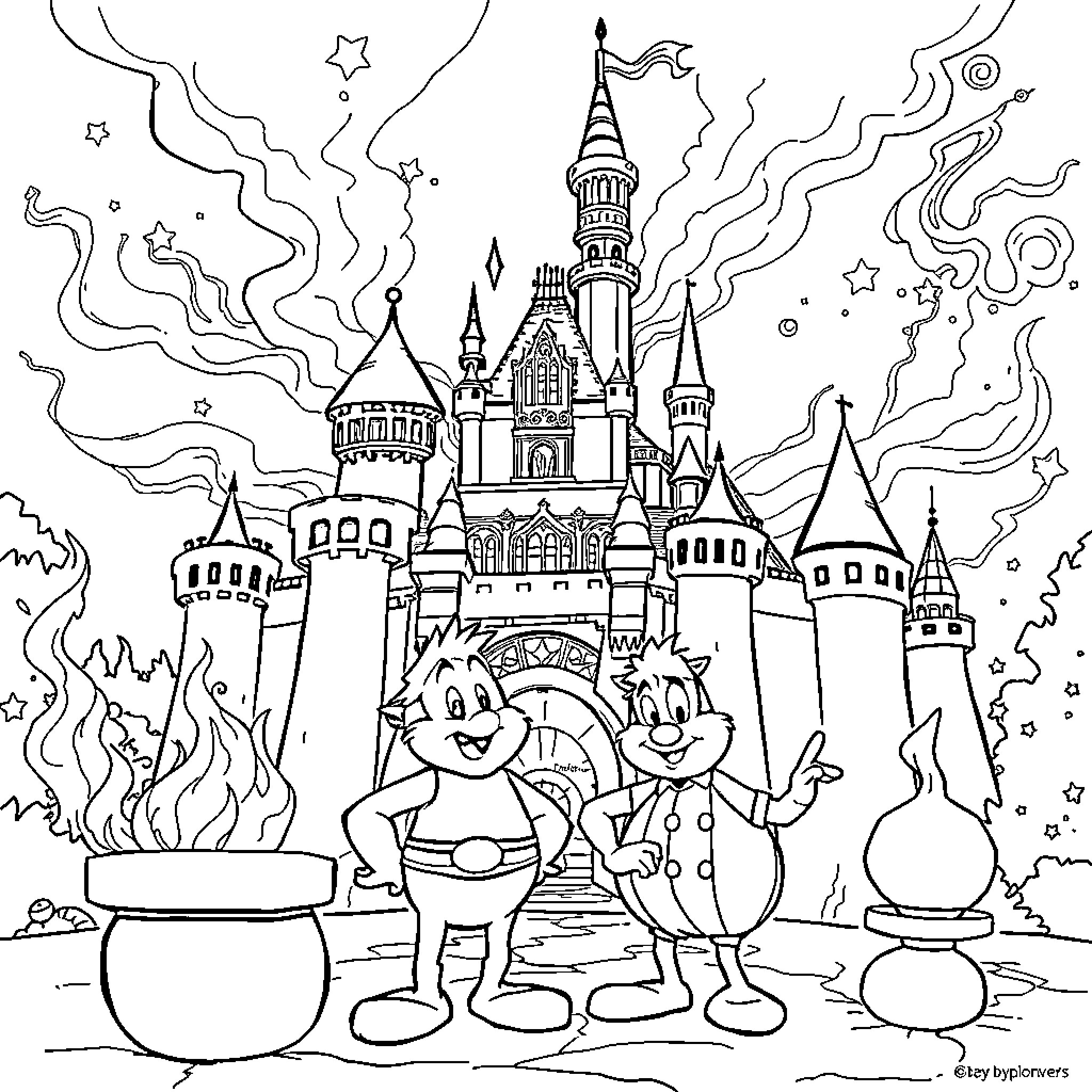Château of Enchantment and Whimsical Characters Coloring Page (free black-and-white line drawing printable PDF for all, from beginners to advanced learners, including children, teens, adults, and seniors)