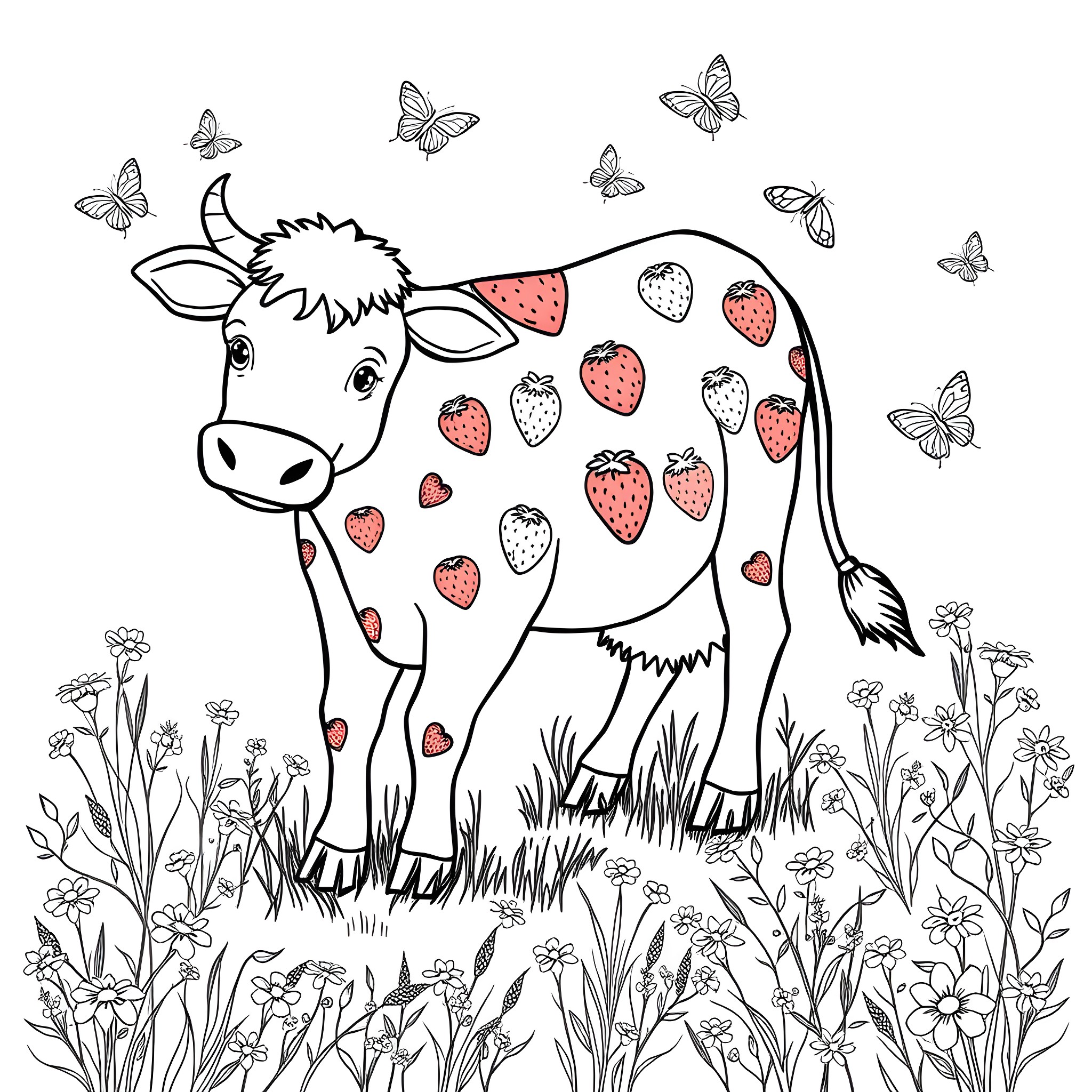 Strawberry Cow surrounded by butterflies in meadow Coloring Page (free black-and-white line drawing printable PDF for all, from beginners to advanced learners, including children, teens, adults, and seniors)