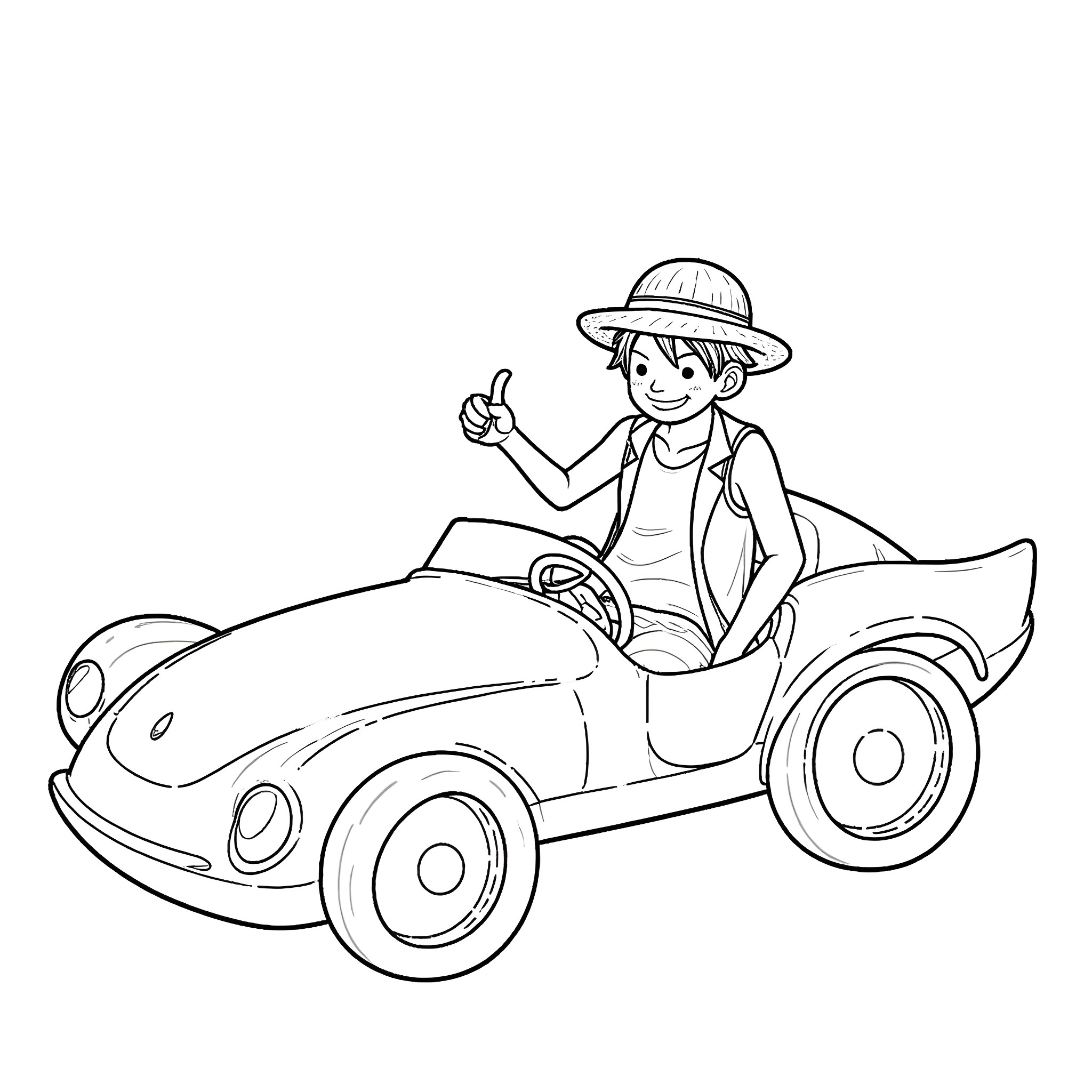 Monkey D Luffy driving a unique toy car Coloring Page (free black-and-white line drawing printable PDF for all, from beginners to advanced learners, including children, teens, adults, and seniors)
