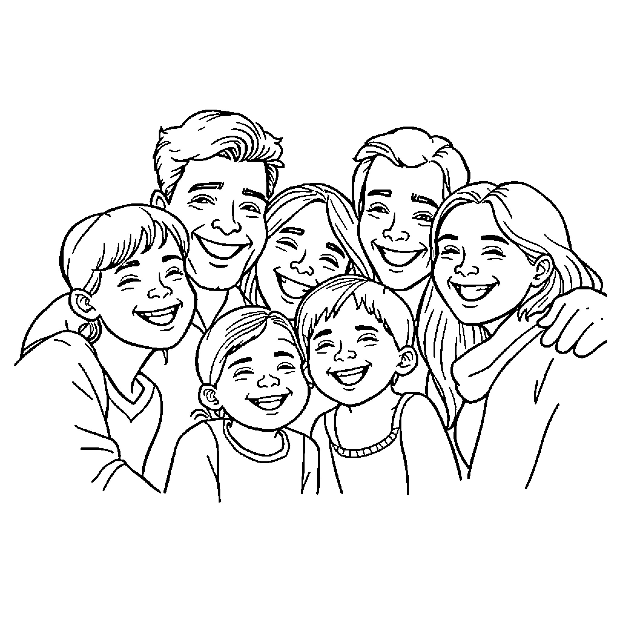 Family enjoying time together with smiles Coloring Page (free black-and-white line drawing printable PDF for all, from beginners to advanced learners, including children, teens, adults, and seniors)