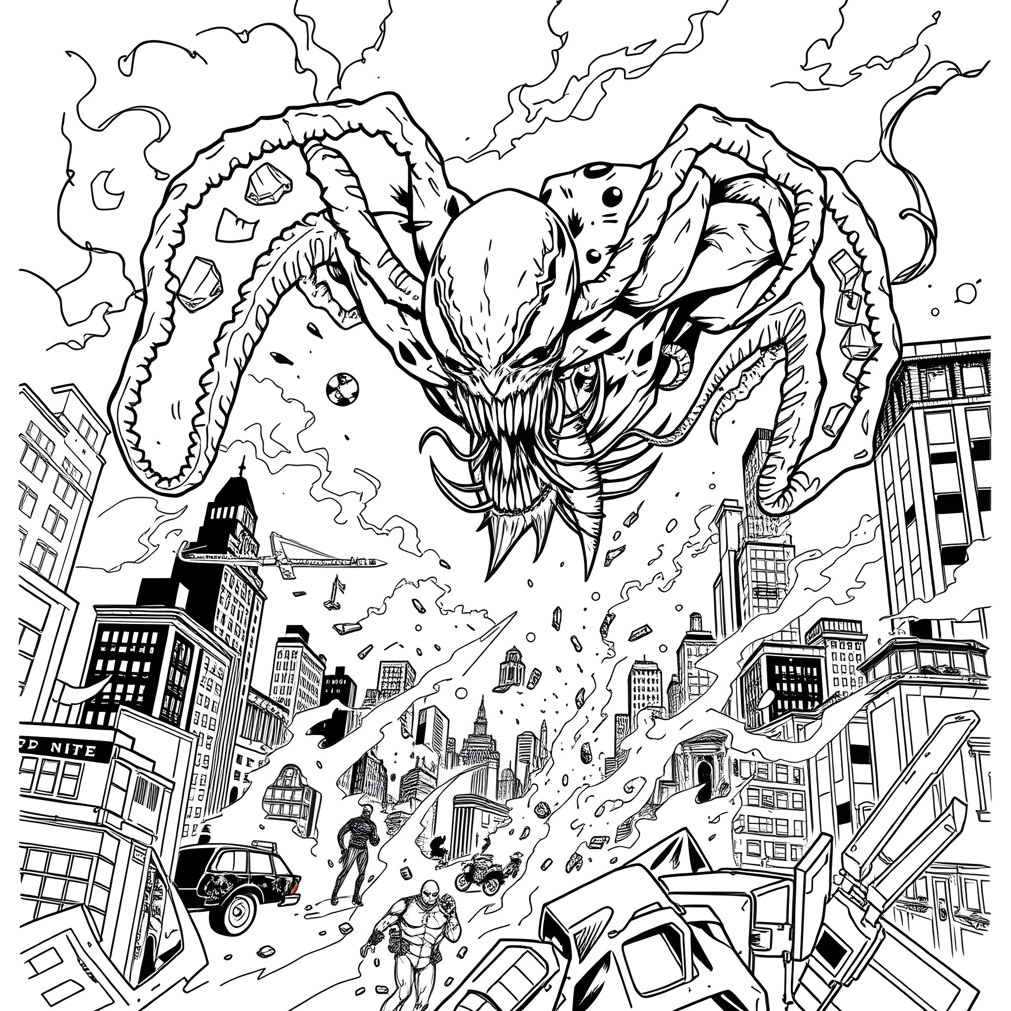 Carnage of Chaos in the City Coloring Page (free black-and-white line drawing printable PDF for all, from beginners to advanced learners, including children, teens, adults, and seniors)