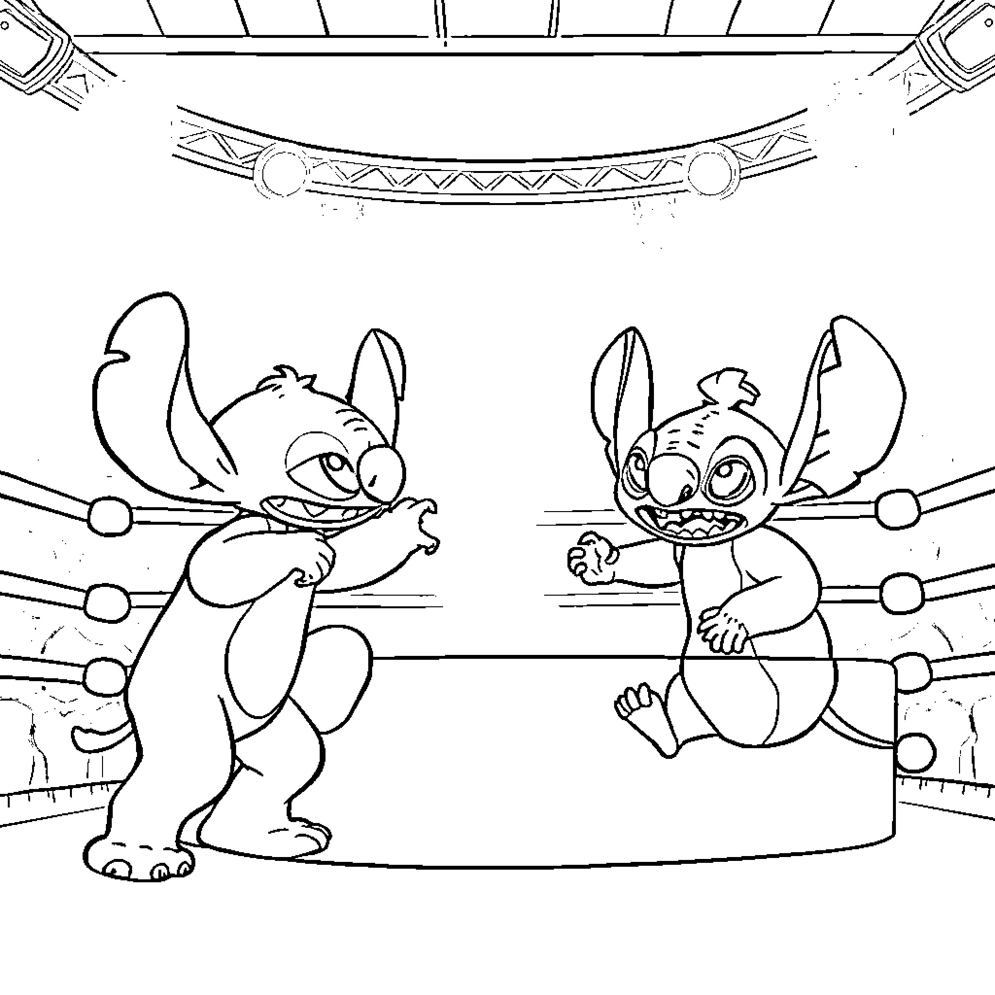 Gizmo's Comical Creature Combat Coloring Page (free black-and-white line drawing printable PDF for all, from beginners to advanced learners, including children, teens, adults, and seniors)