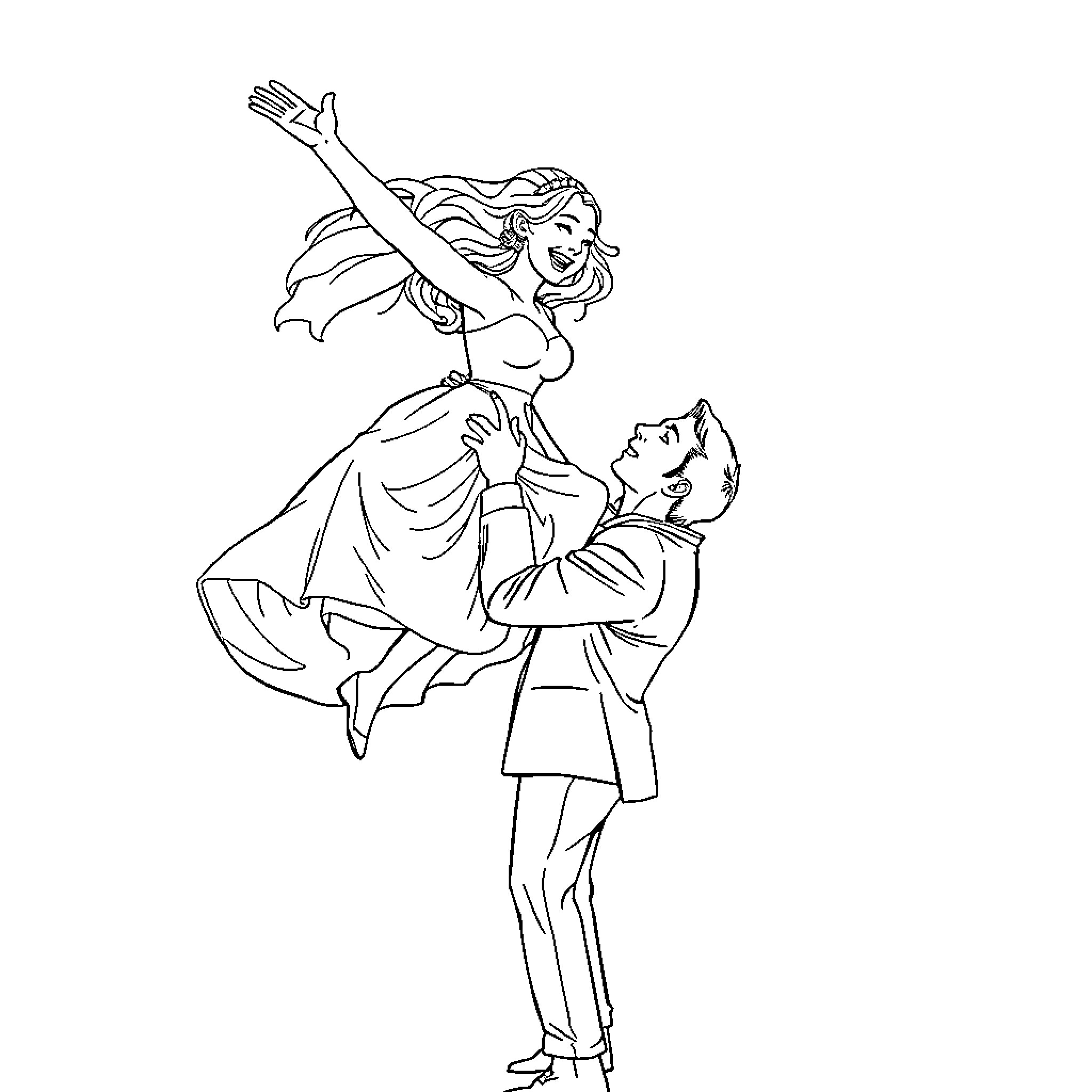 Bride dancing joyfully with her groom Coloring Page (free black-and-white line drawing printable PDF for all, from beginners to advanced learners, including children, teens, adults, and seniors)