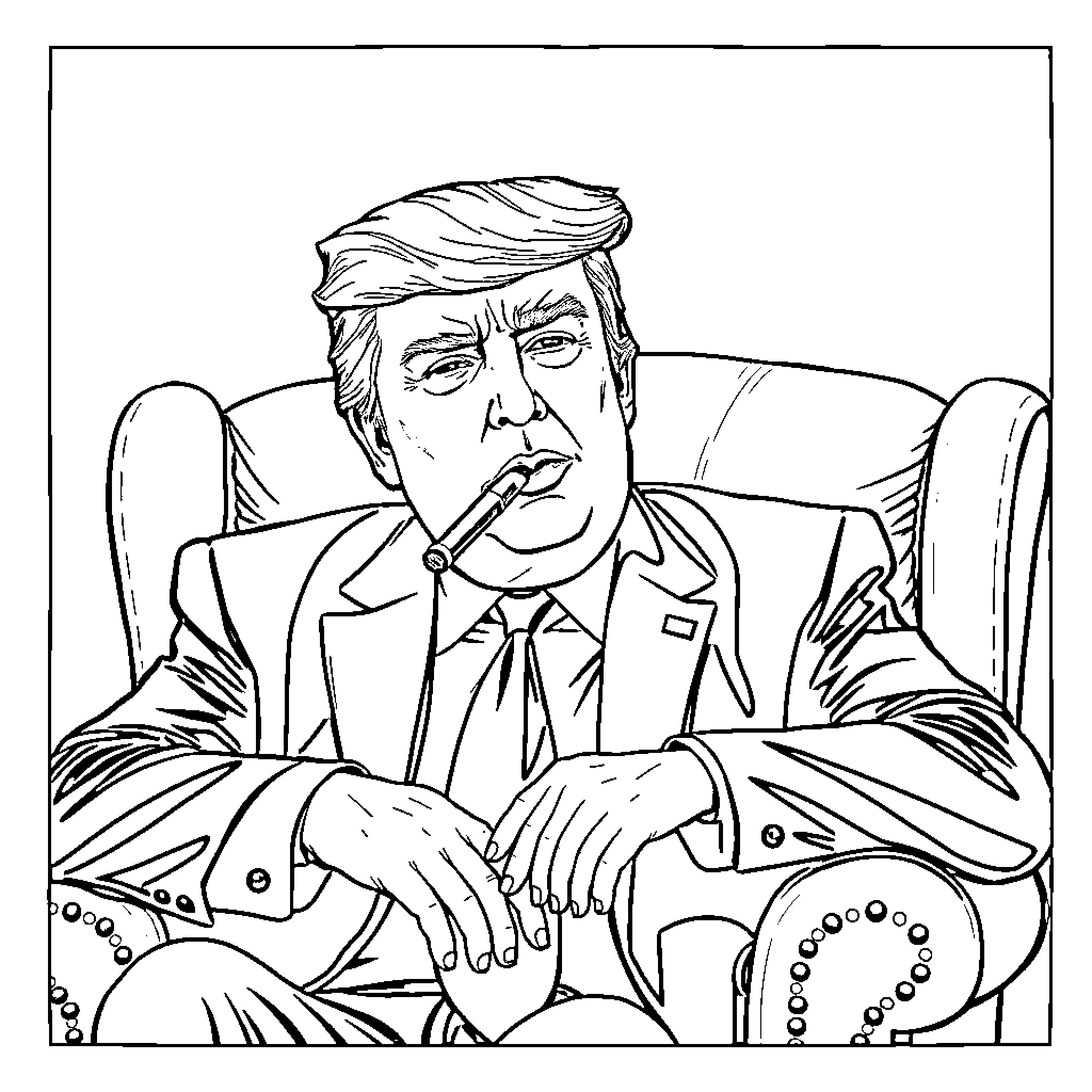 Donald Trump sitting in chair smoking Coloring Page (free black-and-white line drawing printable PDF for all, from beginners to advanced learners, including children, teens, adults, and seniors)