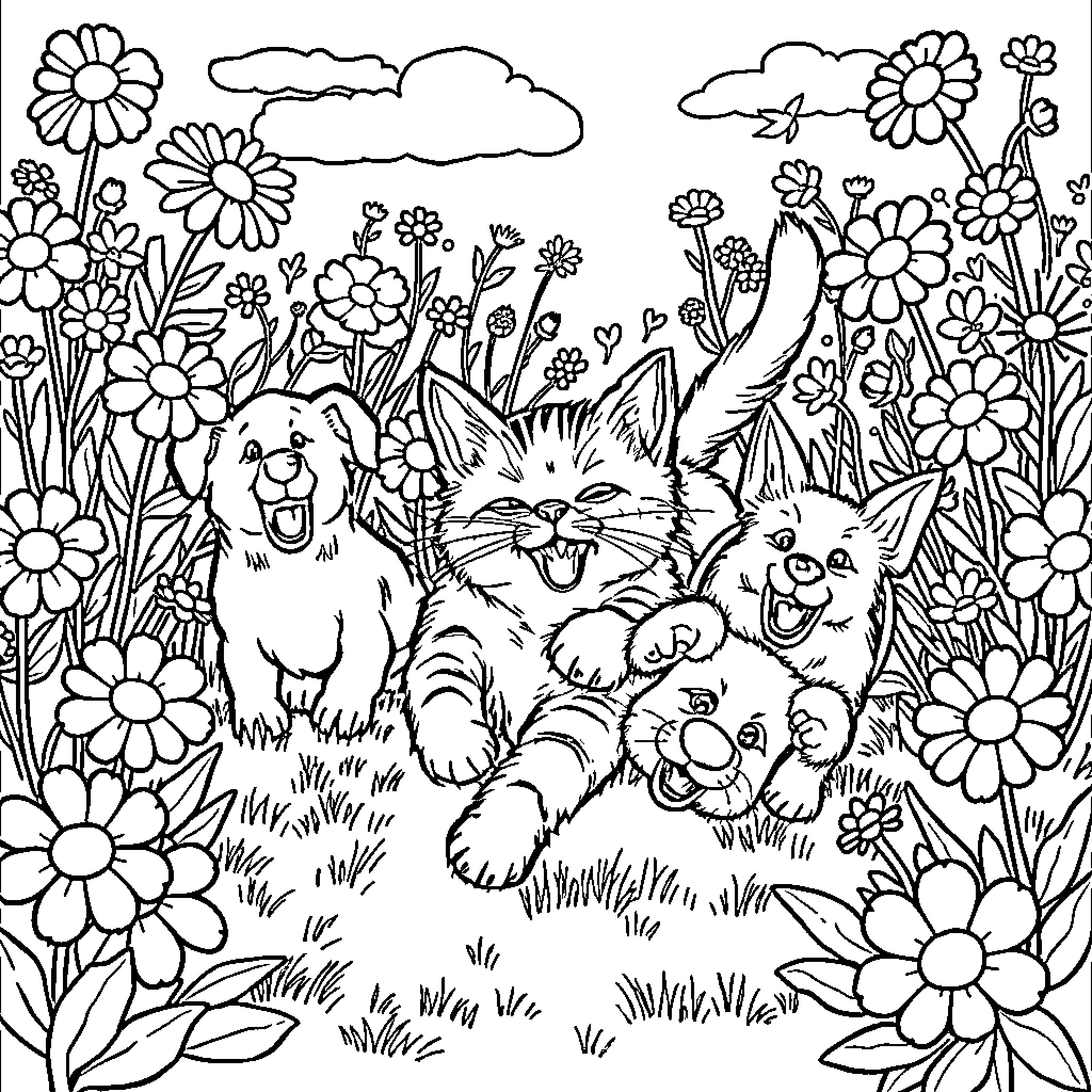 Cats playing playfully in a flower garden Coloring Page (free black-and-white line drawing printable PDF for all, from beginners to advanced learners, including children, teens, adults, and seniors)