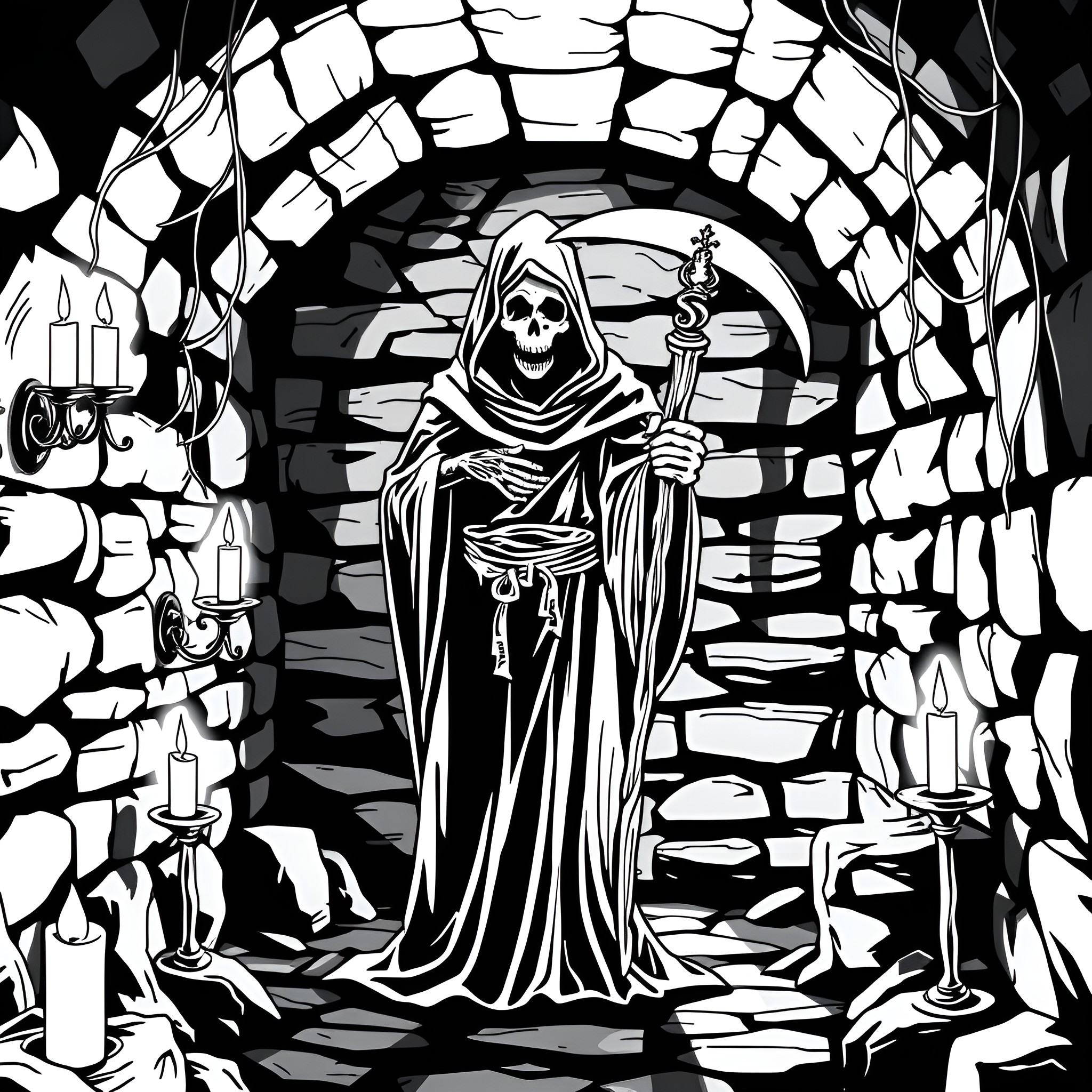 Grim Reaper in Eerie Cryptic Chamber Coloring Page (free black-and-white line drawing printable PDF for all, from beginners to advanced learners, including children, teens, adults, and seniors)