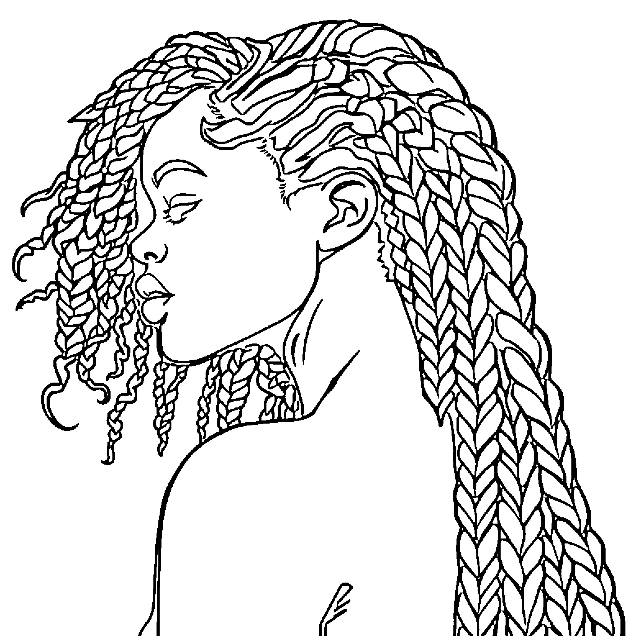 Lady with Intricate Braided Hairstyle Coloring Page (free black-and-white line drawing printable PDF for all, from beginners to advanced learners, including children, teens, adults, and seniors)