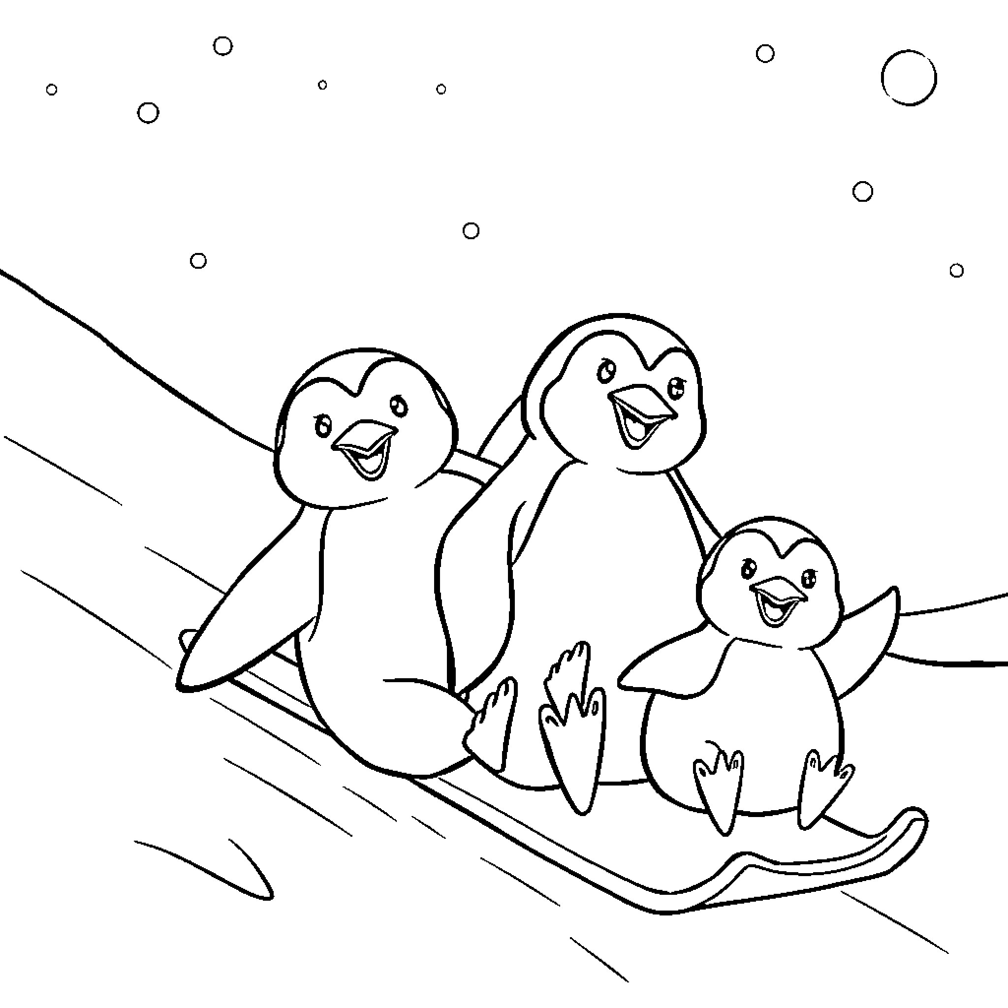 Penguin family playing on the ice Coloring Page (free black-and-white line drawing printable PDF for all, from beginners to advanced learners, including children, teens, adults, and seniors)