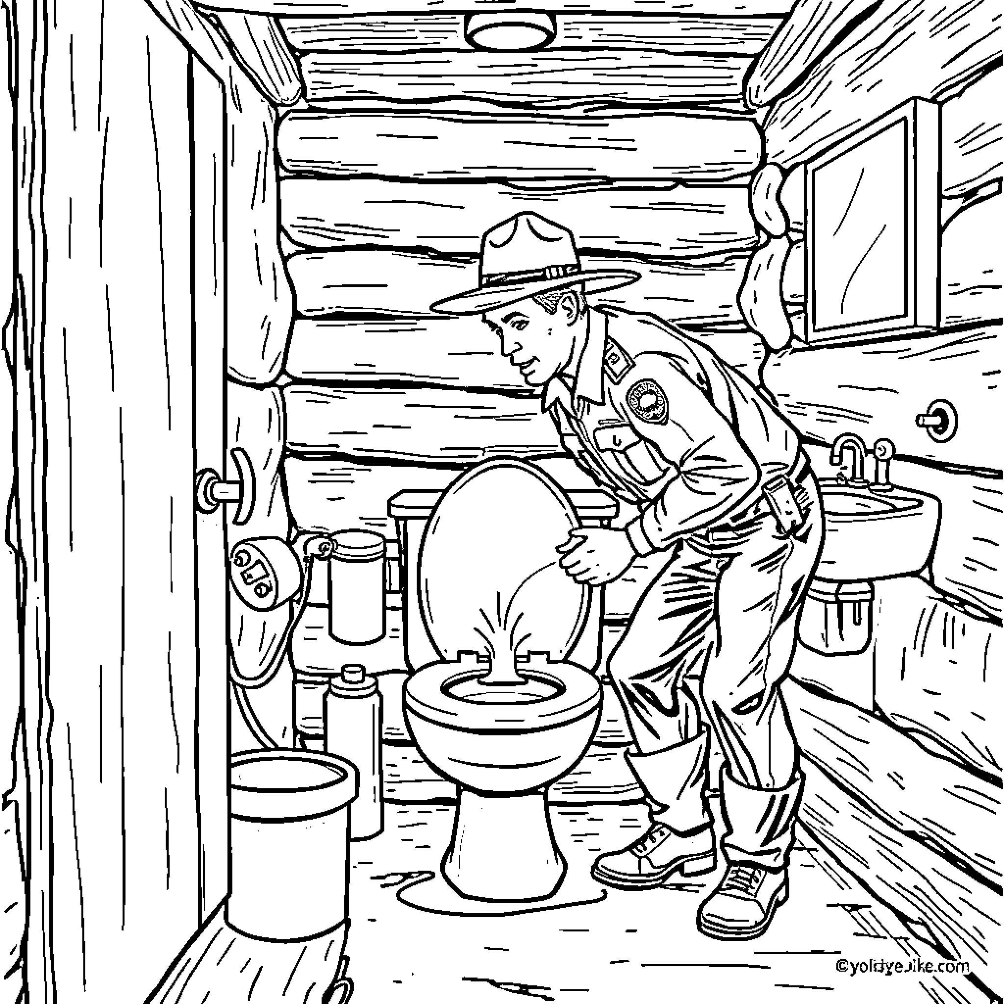 Park Ranger Repairing Toilet in Remote Cabin Coloring Page (free black-and-white line drawing printable PDF for all, from beginners to advanced learners, including children, teens, adults, and seniors)