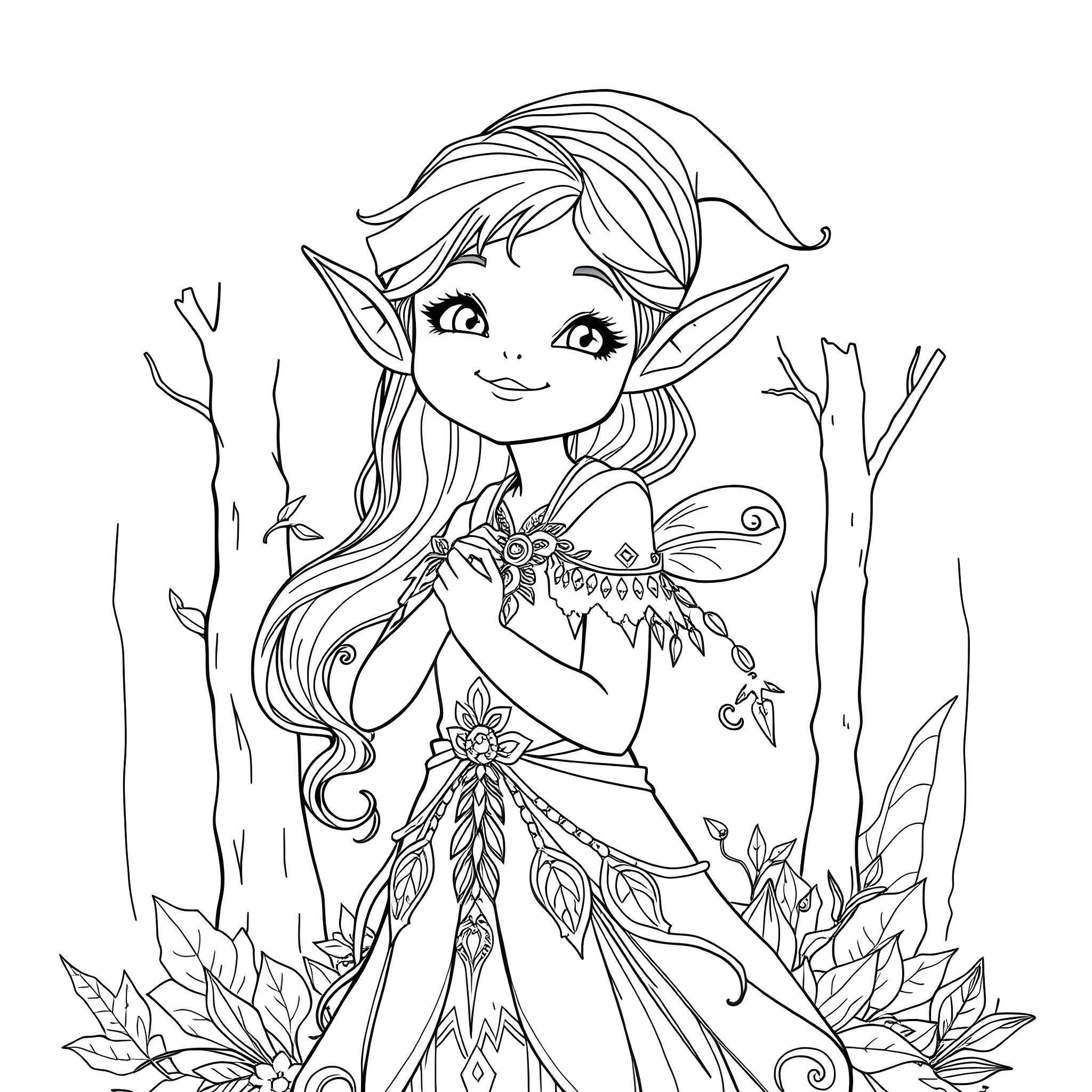 Girl Elf in a Whimsical Forest Scene Coloring Page (free black-and-white line drawing printable PDF for all, from beginners to advanced learners, including children, teens, adults, and seniors)