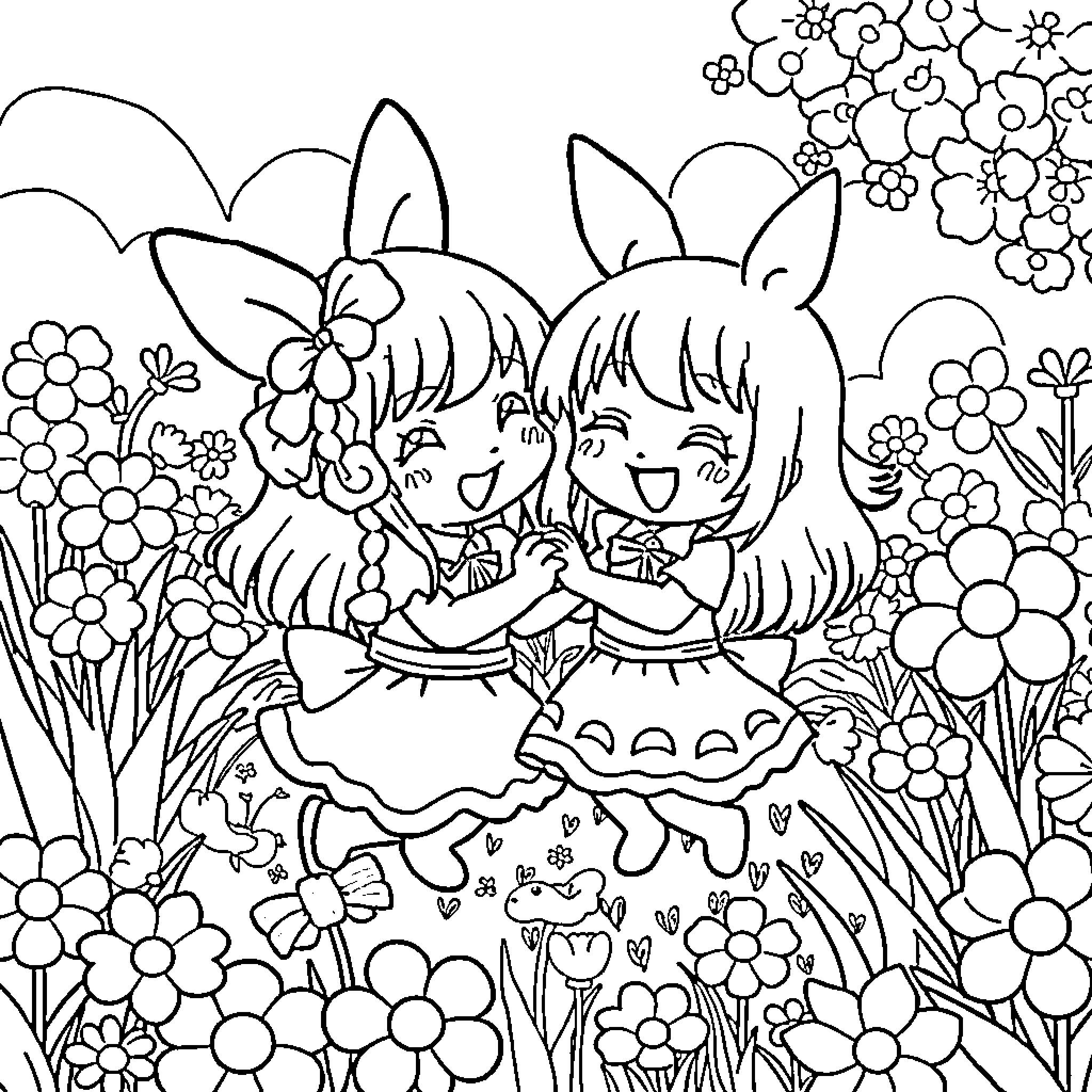 Kuromi and friend enjoying a floral meadow Coloring Page (free black-and-white line drawing printable PDF for all, from beginners to advanced learners, including children, teens, adults, and seniors)