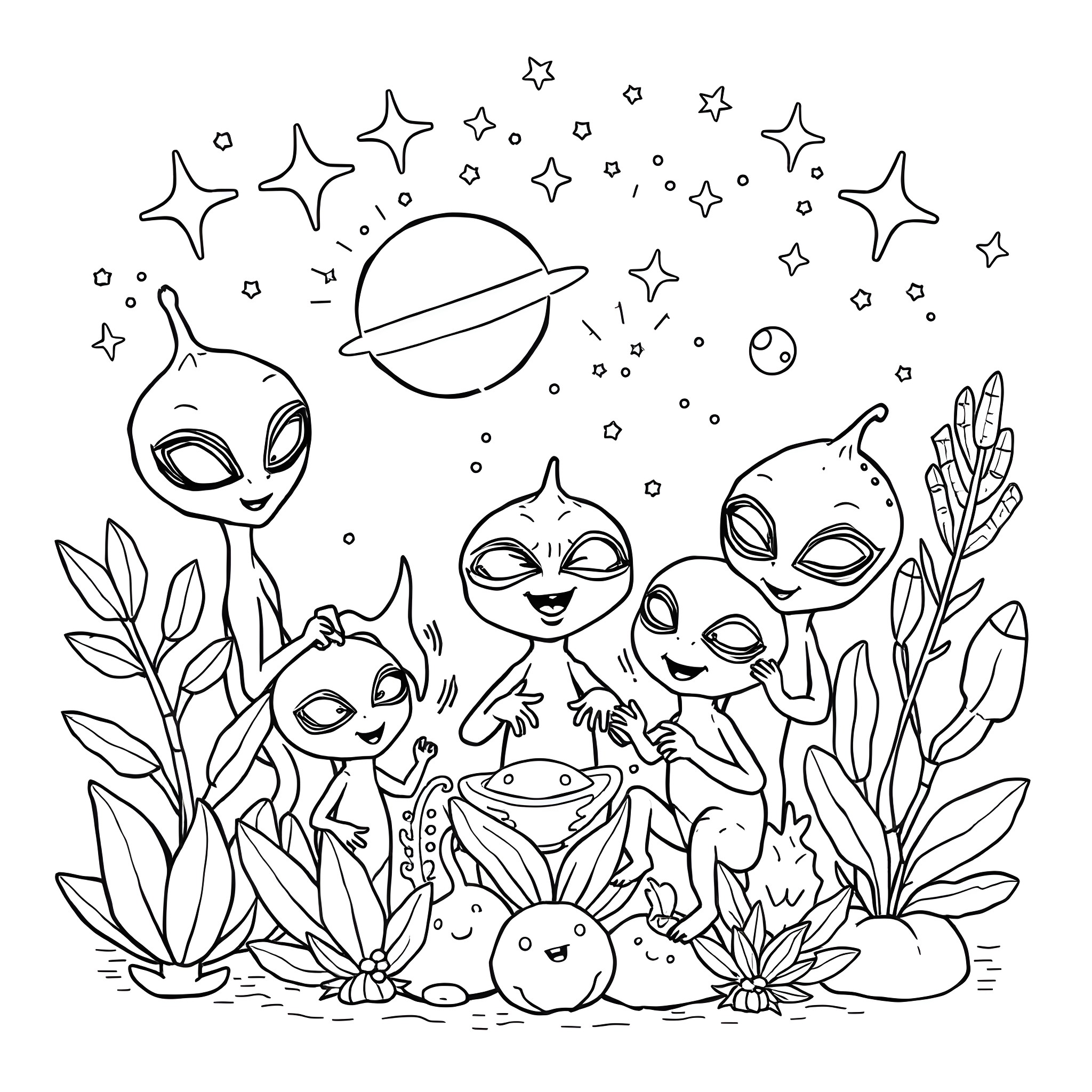 Alien Creatures Exploring Extraterrestrial Landscape Coloring Page (free black-and-white line drawing printable PDF for all, from beginners to advanced learners, including children, teens, adults, and seniors)